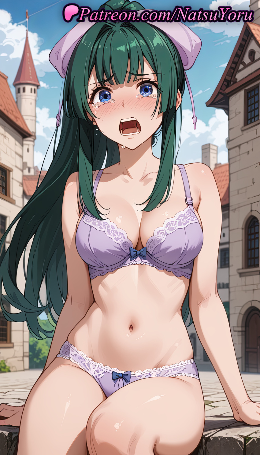 2025 ai_generated anime anime_style arm_support bangs bare_arms bare_shoulders big_breasts blue_eyes blue_sky blush bow bow_bra bow_panties bra breasts building bust cleavage cloud collarbone crying crying_with_eyes_open day earrings female_focus female_solo green_hair hair_bow hair_ribbons hentai high_quality high_res high_resolution house lace-trimmed_bra lace_trim long_hair looking_at_viewer medium_breasts midriff natsuyoru navel open_mouth outside panties patreon ponytail purple_bow purple_bra purple_panties ribbon sitting sky stable_diffusion stomach tate_no_yuusha_no_nariagari tearing_up tears teeth the_rising_of_the_shield_hero thighs town underwear underwear_only voluptuous voluptuous_female yomogi_emarl
