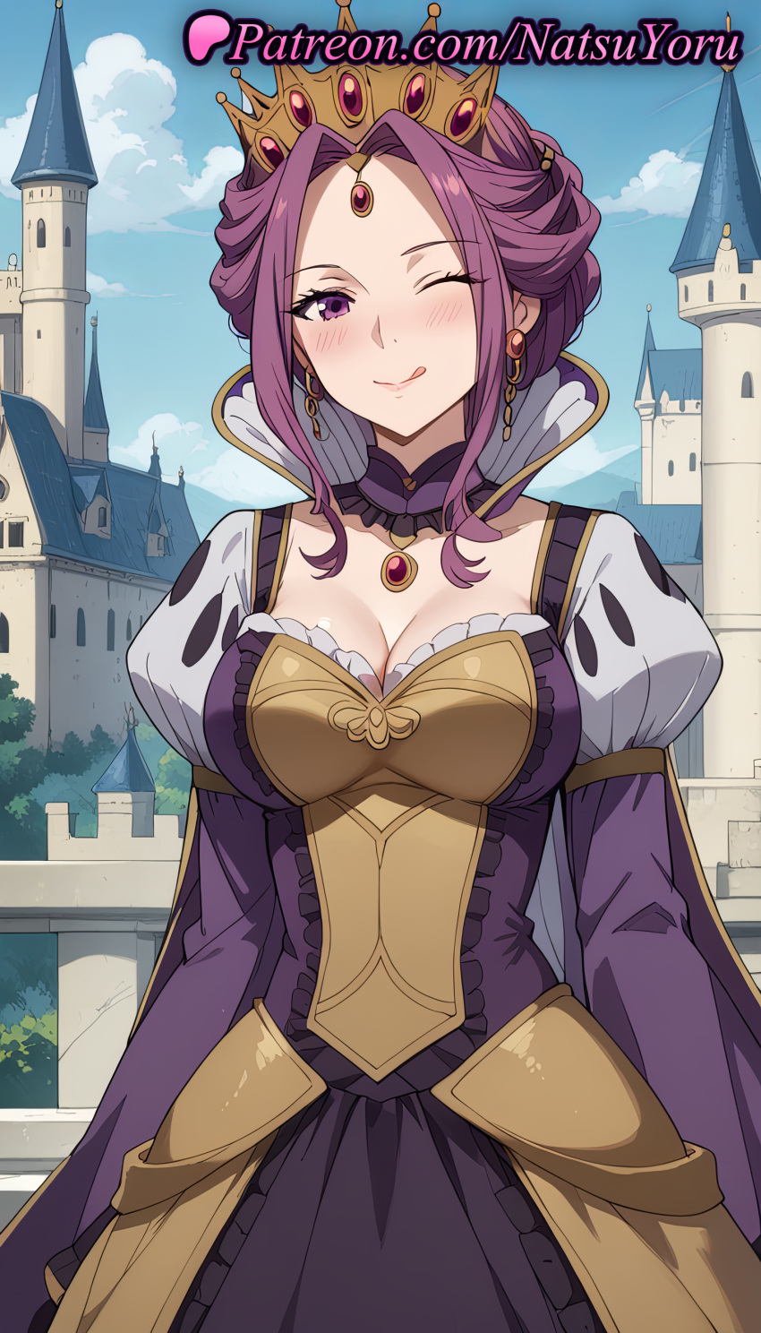 2025 ai_generated anime anime_style armor big_breasts blue_sky blush breasts bust castle choker cleavage closed_mouth cloud corset crown day dress earring earrings female_focus female_solo frills gem hair_bun hentai high_quality high_res high_resolution jewelry juliet_sleeves long_sleeves looking_at_viewer mature_female mirelia_q_melromarc natsuyoru one_eye_closed outside parted_bangs patreon puffy_sleeves purple_dress purple_eyes purple_hair sky smile stable_diffusion tate_no_yuusha_no_nariagari the_rising_of_the_shield_hero tiara tongue tongue_out voluptuous voluptuous_female