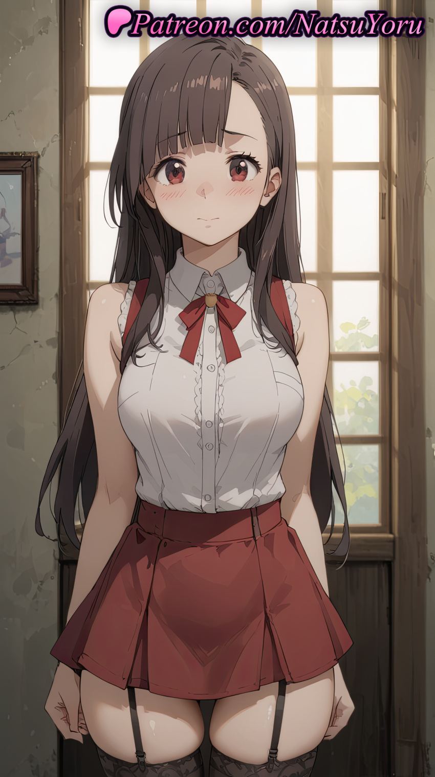 2025 ai_generated anime anime_style arms_at_sides asian asymmetrical_bangs bangs bare_arms bare_shoulders big_breasts black_hair black_thighhighs blunt_bangs blush bow bowtie breast_pocket breasts brown_eyes brown_hair bust center_frills closed_mouth collared_shirt cowboy_shot female_focus female_solo frills garter_belt garter_straps hentai high-waist_skirt high_quality high_res high_resolution indoors kono_subarashii_sekai_ni_shukufuku_wo! long_hair looking_at_viewer medium_breasts miniskirt natsuyoru neck_ribbon patreon pleated_skirt pocket red_bow red_eyes red_ribbon red_skirt ribbon shirt shirt_tucked_in skindentation skirt sleeveless sleeveless_blouse sleeveless_shirt stable_diffusion standing stockings straight-on straight_hair suspender_skirt suspenders thigh_gap thighs voluptuous voluptuous_female white_shirt window yuiyui_(konosuba) zettai_ryouiki
