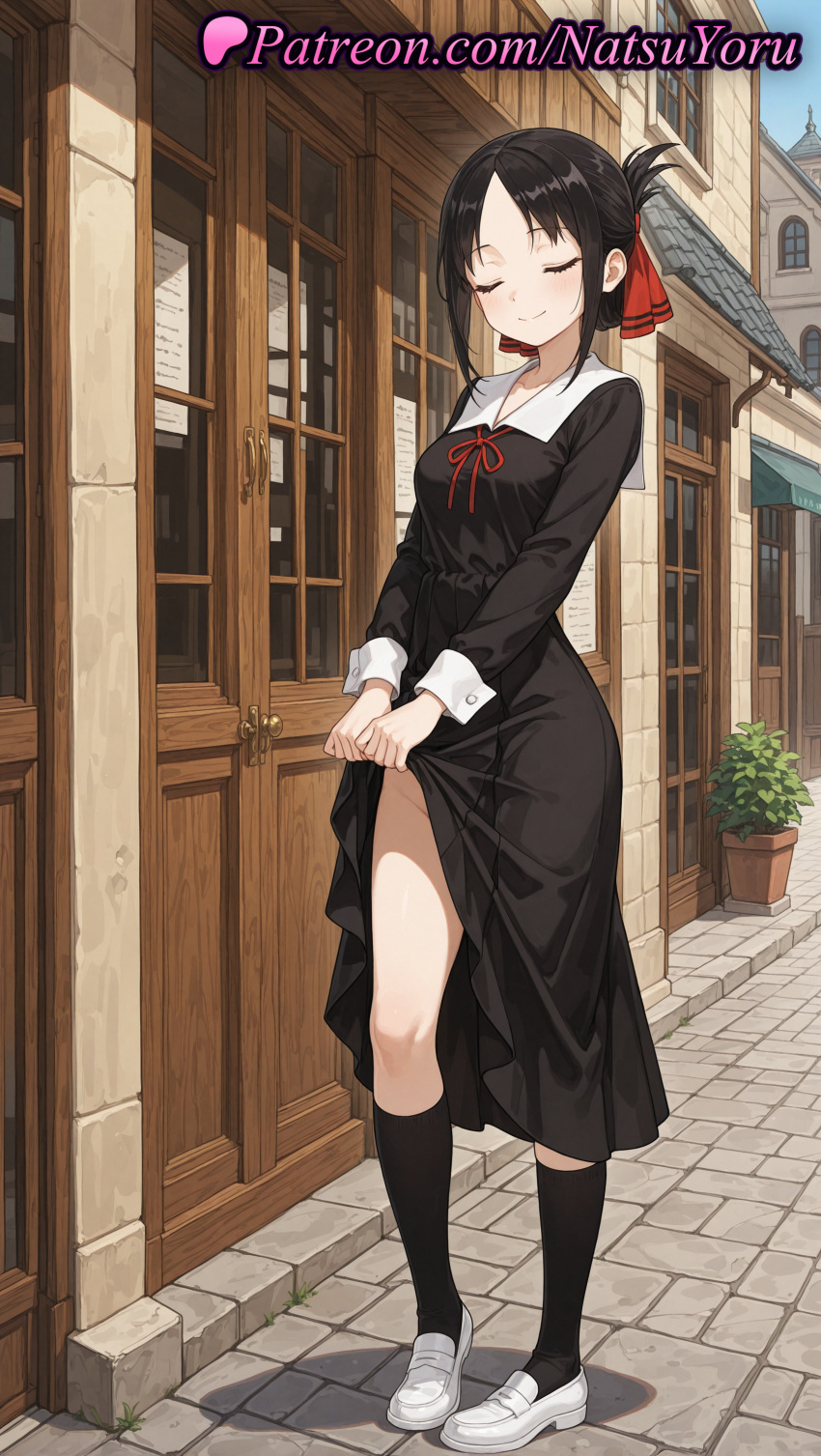 2025 ai_generated anime anime_style bangs big_breasts black_dress black_hair black_socks blush breasts building bust closed_eyes closed_mouth clothes_lift collarbone collared_dress day door dress dress_lift facing_viewer female_focus female_solo folded_ponytail full_body hair_ribbon hair_ribbons hentai high_quality high_res high_resolution kaguya-sama_wa_kokurasetai_~tensai-tachi_no_renai_zunousen~ kneehighs kneesocks lifted_by_self loafers long_sleeves medium_breasts natsuyoru neck_ribbon no_panties outside parted_bangs patreon plant potted_plant red_ribbon ribbon school_uniform shinomiya_kaguya shoes short_hair shuuchiin_academy_school_uniform sidelocks skirt_lift small_breasts smile socks stable_diffusion standing thighs uwabaki voluptuous voluptuous_female wet white_footwear