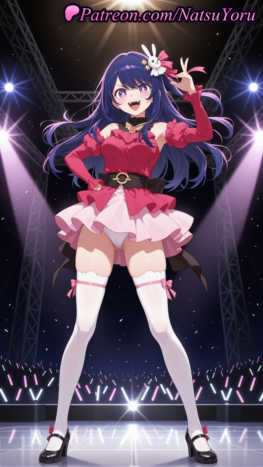 ai_generated anime anime_style ass_visible_through_thighs audience bangs bare_shoulders belt big_breasts black_belt black_footwear blue_hair blush bow breasts bust cameltoe choker clothing concert detached_sleeves dress female_focus frills full_body glowstick hair_ornament hair_ribbon hair_ribbons hand_on_hip hand_on_own_hip hentai high_heels high_quality high_res high_resolution hoshino_ai idol idol_clothes long_hair long_sleeves looking_at_viewer mary_janes miniskirt natsuyoru one_side_up open_mouth oshi_no_ko panties pantyshot patreon pink_bow pink_dress pink_ribbon pink_skirt puffy_sleeves purple_eyes purple_hair rabbit_hair_ornament ribbon shoes skindentation skirt sleeveless smile spotlight stage stage_lights standing star-shaped_pupils star_(symbol) star_hair_ornament star_in_eye stockings symbol-shaped_pupils symbol_in_eye teeth thighs underwear upper_teeth_only v v-shaped_eyebrows voluptuous voluptuous_female white_legwear white_panties white_thighhighs