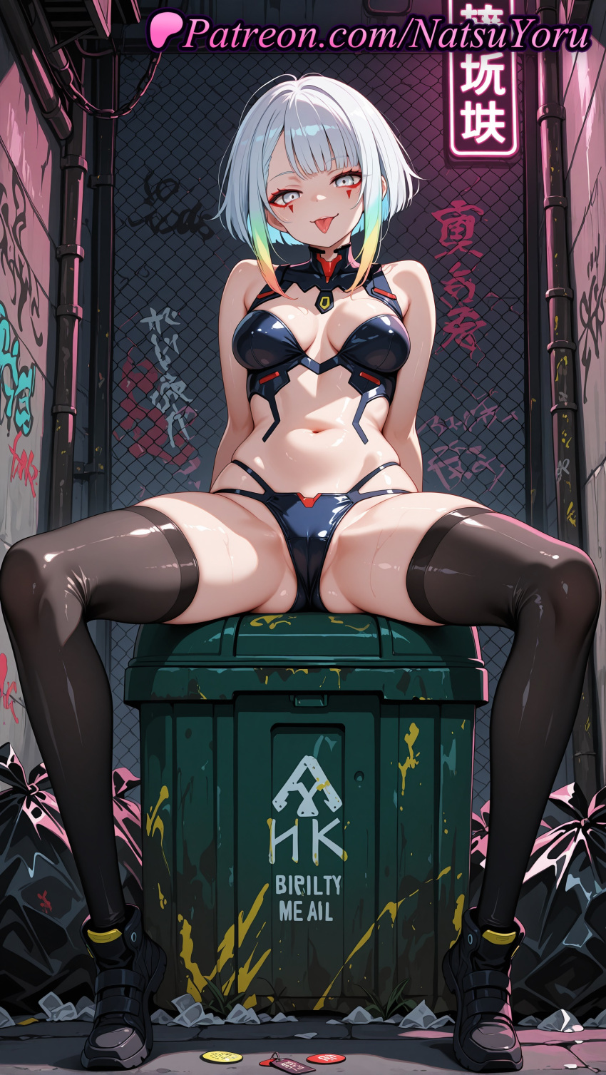1girl 1girls 2025 ai ai_assisted ai_generated alley anime anime_style asian bangs bare_shoulders big_breasts bikini black_bikini black_footwear black_legwear black_thighhighs blue_hair breasts bust cameltoe cleavage condom cyberpunk cyberpunk:_edgerunners cyberpunk_2077 eyeliner female_focus female_only female_solo full_body gradient_hair graffiti hentai high_quality high_res high_resolution latex leaning_back legs looking_at_viewer lucyna_kushinada makeup medium_breasts multicolored_hair natsuyoru navel orange_hair parted_bangs patreon red_eyeliner shiny shoes short_hair sitting skindentation solo_female spread_legs stable_diffusion stockings stomach swimsuit thighs tongue tongue_out trash trash_bag trash_can voluptuous voluptuous_female white_hair