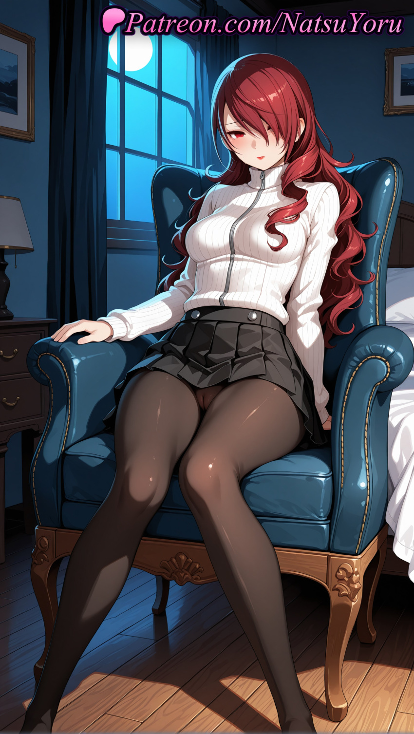 1girl 1girl 1girls 2025 ai ai_assisted ai_generated anime anime_style armchair artist_name atlus bangs bed big_breasts black_pantyhose black_skirt blush breasts brown_pantyhose bust cameltoe chair closed_mouth curly_hair curtains feet_out_of_frame female_focus female_only full_moon hair_over_one_eye hentai high_quality high_res high_res high_resolution indoors kirijou_mitsuru knees_together_feet_apart lamp legs lips long_hair long_sleeves looking_at_viewer makeup medium_breasts miniskirt moon natsuyoru night night_sky no_shoes non-asian on_chair panties panties_under_pantyhose pantyhose pantyshot parted_lips patreon persona persona_3 persona_3_reload pleated_skirt red_eyes red_hair school_uniform sitting skirt solo_female stable_diffusion sweater thighs turtleneck turtleneck_sweater underwear upskirt voluptuous voluptuous_female wavy_hair white_sweater window wooden_floor