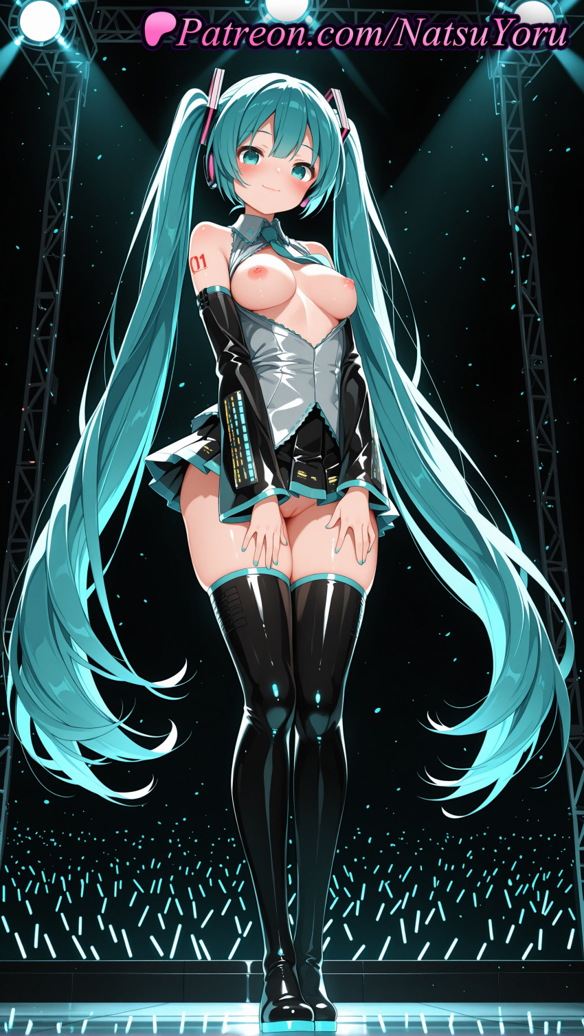1girl 1girls 2025 ai ai_assisted ai_generated anime anime_style aqua_eyes aqua_hair aqua_nails aqua_necktie arm_tattoo audience bangs bare_shoulders big_breasts black_footwear black_legwear black_skirt black_sleeves black_thighhighs blouse blue_nails blush boots breastless_clothes breasts breasts_out breasts_outside bust cleft_of_venus closed_mouth collared_shirt concert crowd detached_sleeves exhibitionism female_focus female_only female_pubic_hair female_solo full_body glowstick grey_shirt hair_ornament headphones headset hentai high_quality high_res high_resolution long_hair long_sleeves looking_at_viewer medium_breasts microphone microskirt miku_hatsune miniskirt nail_polish natsuyoru neck_tie nipples nipples_outside no_bra no_panties number_tattoo open_clothes open_shirt paipan patreon pleated_skirt public_indecency pussy shiny shiny_clothes shirt shoulder_tattoo skindentation skirt sleeveless sleeveless_shirt smile solo_female spotlight stable_diffusion stage stage_lights standing stockings tattoo thigh_gap thigh_high_boots thighs tie twin_tails uncensored uncensored_nipples very_long_hair vocaloid voluptuous voluptuous_female