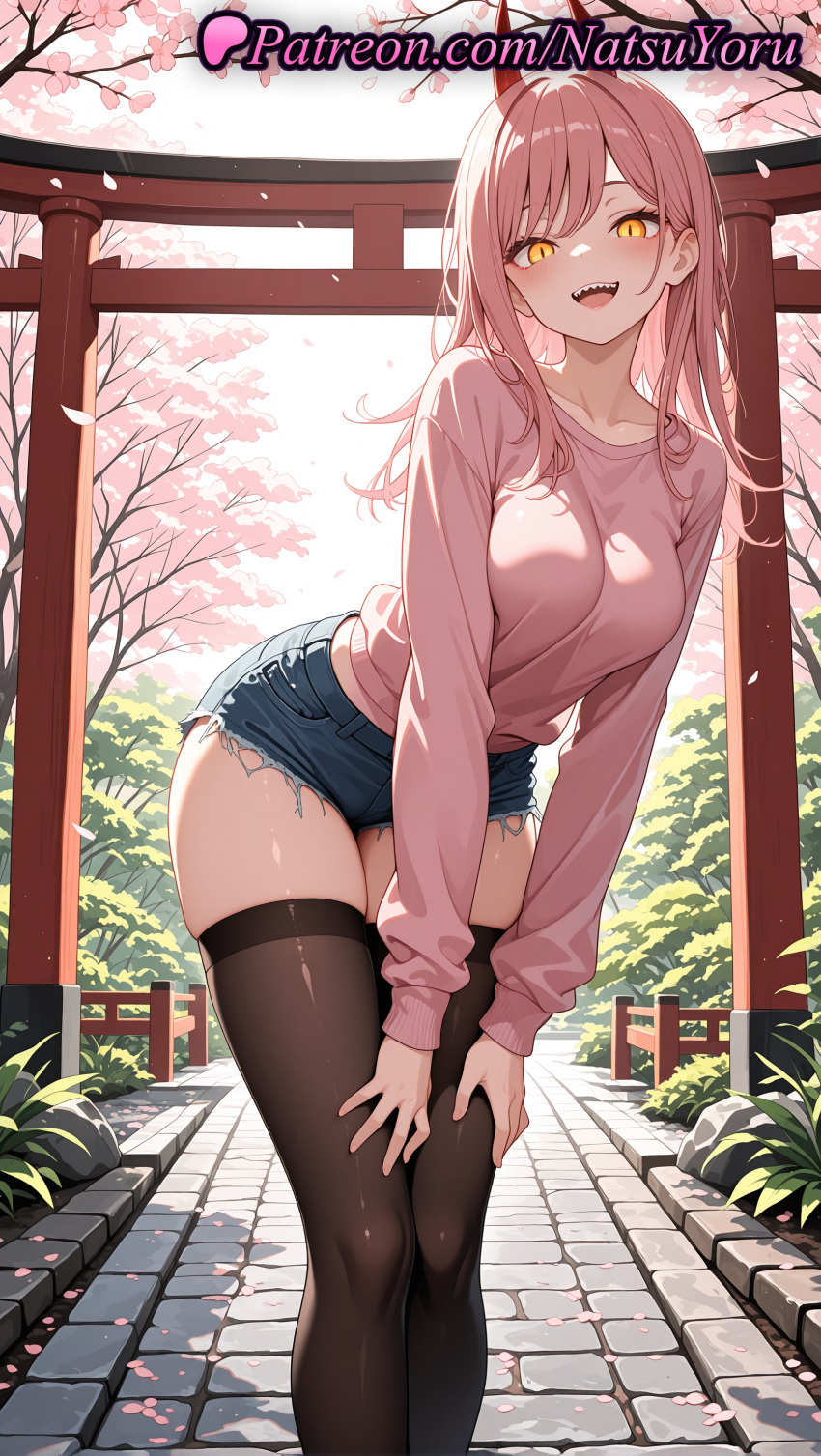1girl 1girl 1girls 2025 ai ai_assisted ai_generated anime anime_style bangs big_ass big_breasts big_breasts black_legwear black_thighhighs blue_shorts blush breasts brown_thighhighs bust chainsaw_man cherry_blossoms clothing collarbone cross-shaped_pupils cutoffs day demon_horns denim denim_shorts falling_petals fangs feet_out_of_frame female_focus female_only hands_on_own_thighs hentai high_quality high_res high_res high_resolution horns large_ass leaning_forward legs light-skinned_female long_hair long_sleeves looking_at_viewer medium_breasts natsuyoru non-asian open_mouth outside patreon petals pink_hair pink_shirt pink_sweater power_(chainsaw_man) red_horns sharp_teeth shirt short_shorts shorts skindentation smile solo_female stable_diffusion standing stockings symbol-shaped_pupils teeth thick_thighs thighs torii tree upper_teeth_only voluptuous voluptuous_female yellow_eyes