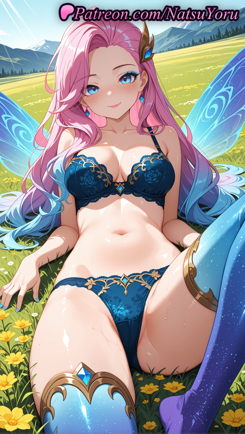 1girl 1girl 1girls 2025 ai ai_assisted ai_generated anime anime_style bangs bare_arms bare_shoulders big_breasts big_breasts bikini blue_bra blue_eyes blue_hair blue_nails blue_panties blue_thighhighs blue_wings blush bra breasts bust cameltoe cleavage closed_mouth collarbone day earrings fairy_wings female_focus female_only field flower flower_field forehead gradient_hair grass hair_ornament hentai high_quality high_res high_res high_resolution jewelry knee_up league_of_legends league_of_legends:_wild_rift lingerie lipstick long_hair looking_at_viewer lying makeup medium_breasts mountain multi-colored_hair multicolored_hair nail_polish natsuyoru navel on_back outside panties parted_bangs patreon pink_hair pink_lips plant print_thighhighs riot_games seraphine_(league_of_legends) sky smile solo_female stable_diffusion stockings stomach sweat thighs underwear underwear_only voluptuous voluptuous_female wings yellow_flower