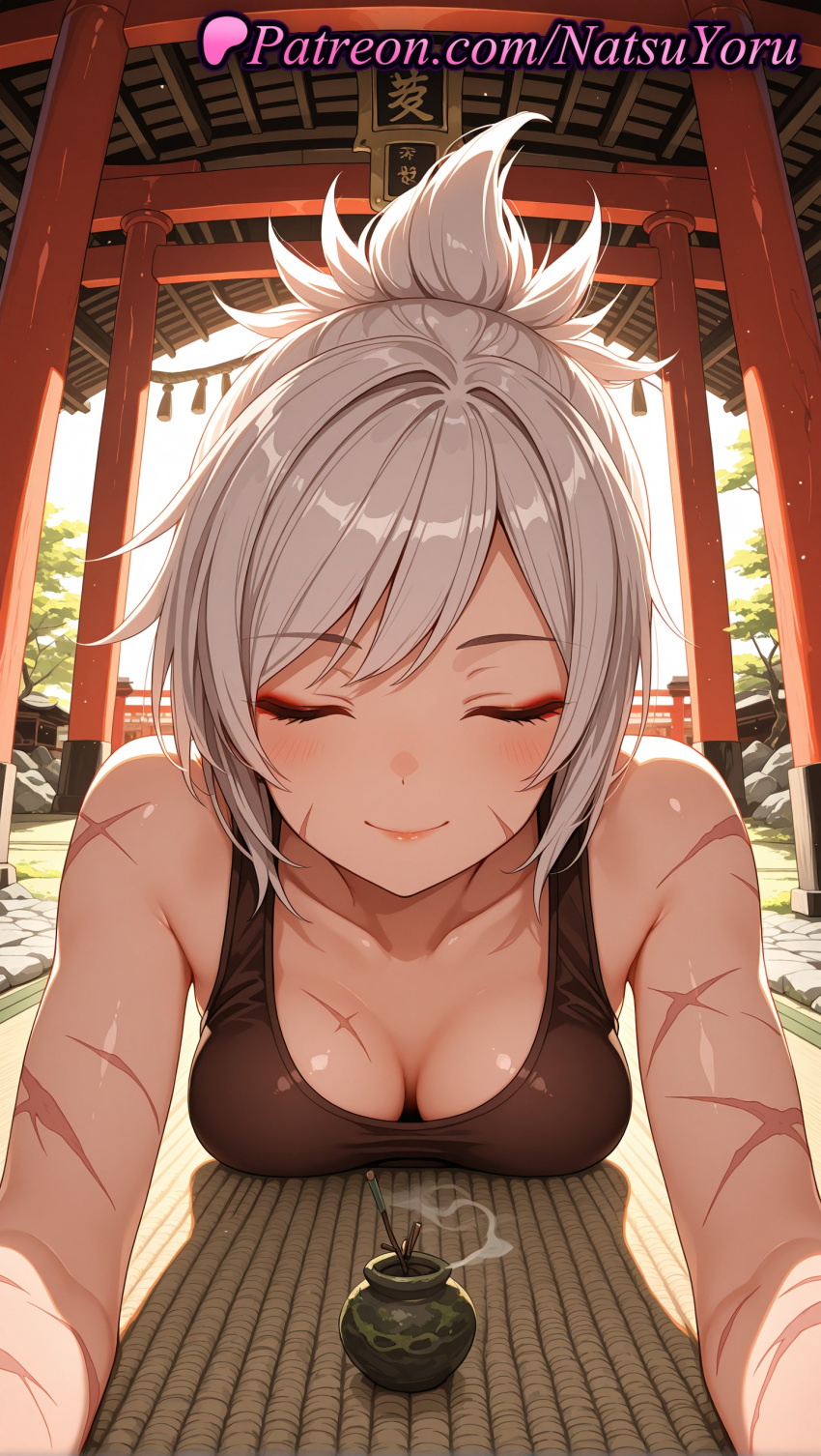 1girl 1girl 1girls 2025 ai ai_assisted ai_generated all_fours anime anime_style architecture asian backlighting bangs bare_shoulders big_breasts big_breasts black_tank_top blush breast_press breast_rest breasts bust cleavage closed_eyes closed_eyes closed_mouth collarbone cup day east_asian_architecture eyeshadow facing_viewer female_focus female_only fisheye green_tea grey_hair hentai high_quality high_res high_res high_resolution incoming_kiss league_of_legends league_of_legends:_wild_rift makeup medium_breasts natsuyoru outstretched_arms patreon ponytail pov riot_games riven rope scar scar_across_eye scar_on_arm scar_on_cheek scar_on_chest scar_on_face scar_on_stomach short_hair smile solo_female stable_diffusion steam tank_top tea torii voluptuous voluptuous_female white_hair yunomi