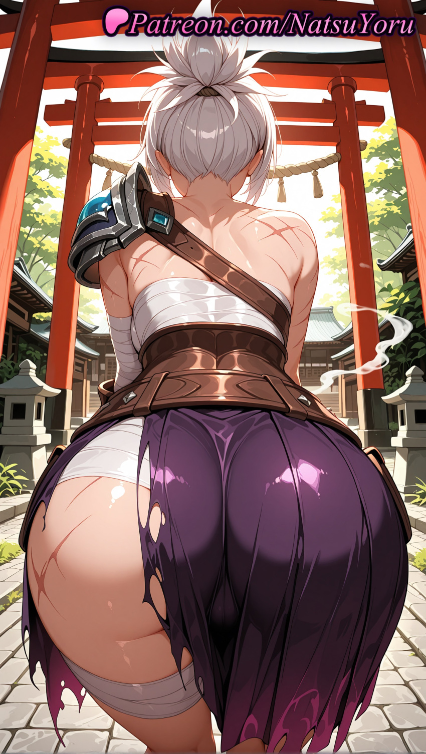 1girl 1girl 1girls 2025 ai ai_assisted ai_generated anime anime_style armor ass ass ass_focus back bandaged_arm bandaged_leg bandages bare_shoulders belt bent_over big_ass brown_belt cameltoe chest_sarashi day east_asian_architecture facing_away female_focus female_only female_solo folded_ponytail from_behind genderswap_(mtf) hentai high_quality high_res high_res high_resolution huge_ass juicy_butt large_ass league_of_legends league_of_legends:_wild_rift light-skinned_female multiple_torii natsuyoru outside patreon pauldrons ponytail purple_skirt riot_games riven rope sarashi scar scar_on_arm scar_on_leg scar_on_stomach shimenawa shiny short_hair short_ponytail shoulder_armor shrine single_bare_shoulder single_pauldron skirt solo_female stable_diffusion stone_floor thick_thighs thighs torii torn_clothes torn_skirt voluptuous voluptuous_female white_hair