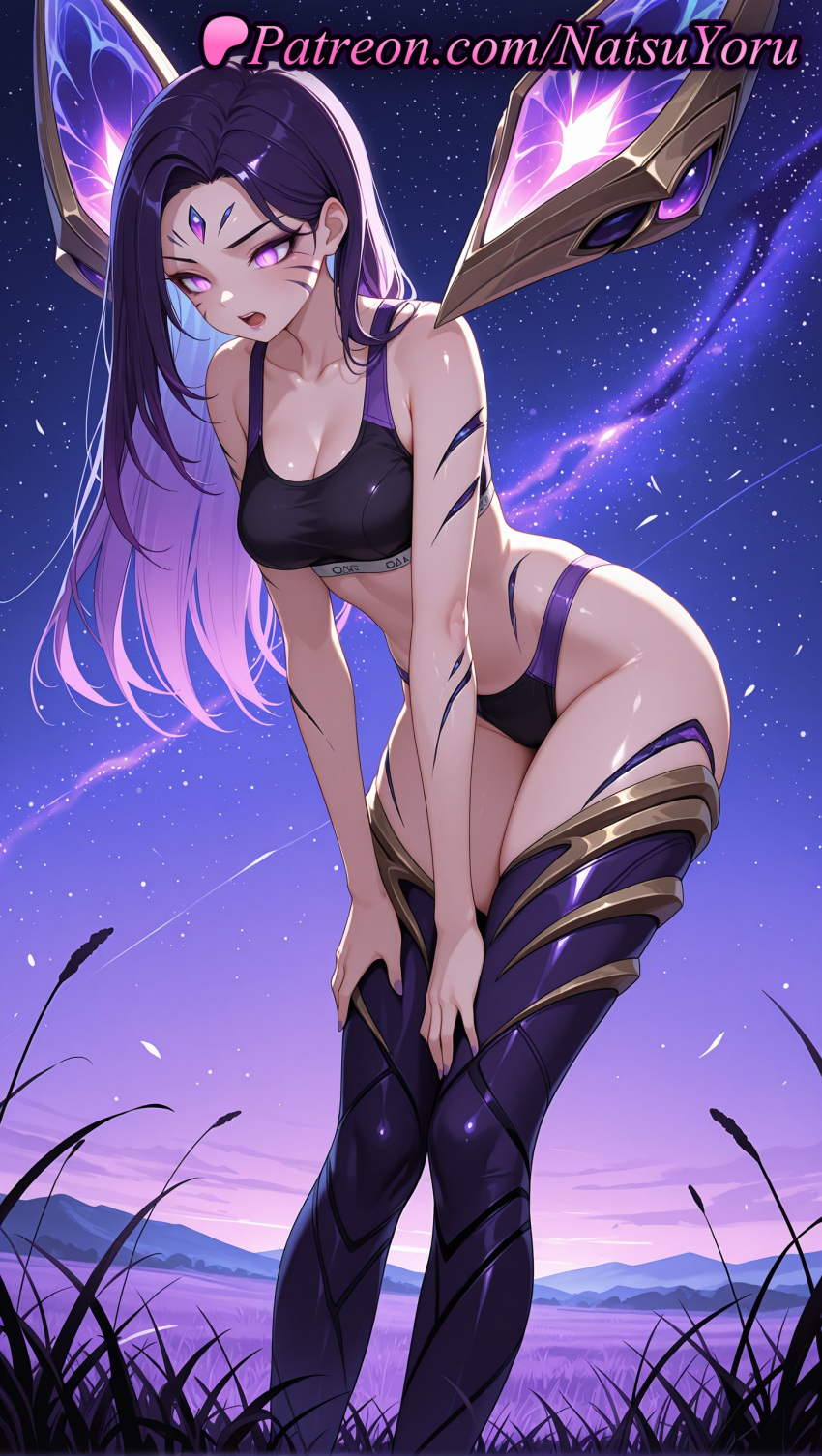 1girl 1girl 1girls 2025 ai ai_assisted ai_generated anime anime_style bangs bare_arms bare_shoulders big_breasts big_breasts black_sports_bra breasts bust cleavage collarbone colored_inner_hair detached_wings facial_mark feet_out_of_frame female_focus female_only forehead_jewel glowing glowing_eyes gradient_sky grass hands_on_own_thighs hentai high_quality high_res high_res high_resolution kai'sa league_of_legends league_of_legends:_wild_rift leaning_forward lips long_hair looking_at_viewer makeup medium_breasts multicolored_hair natsuyoru navel night non-asian open_mouth outside panties parted_bangs patreon pink_eyes purple_eyes purple_hair purple_nails purple_sky purple_thighhighs riot_games sky solo_female sports_bra stable_diffusion standing star_(sky) starry_sky stockings tattoo thighs underwear voluptuous voluptuous_female wings
