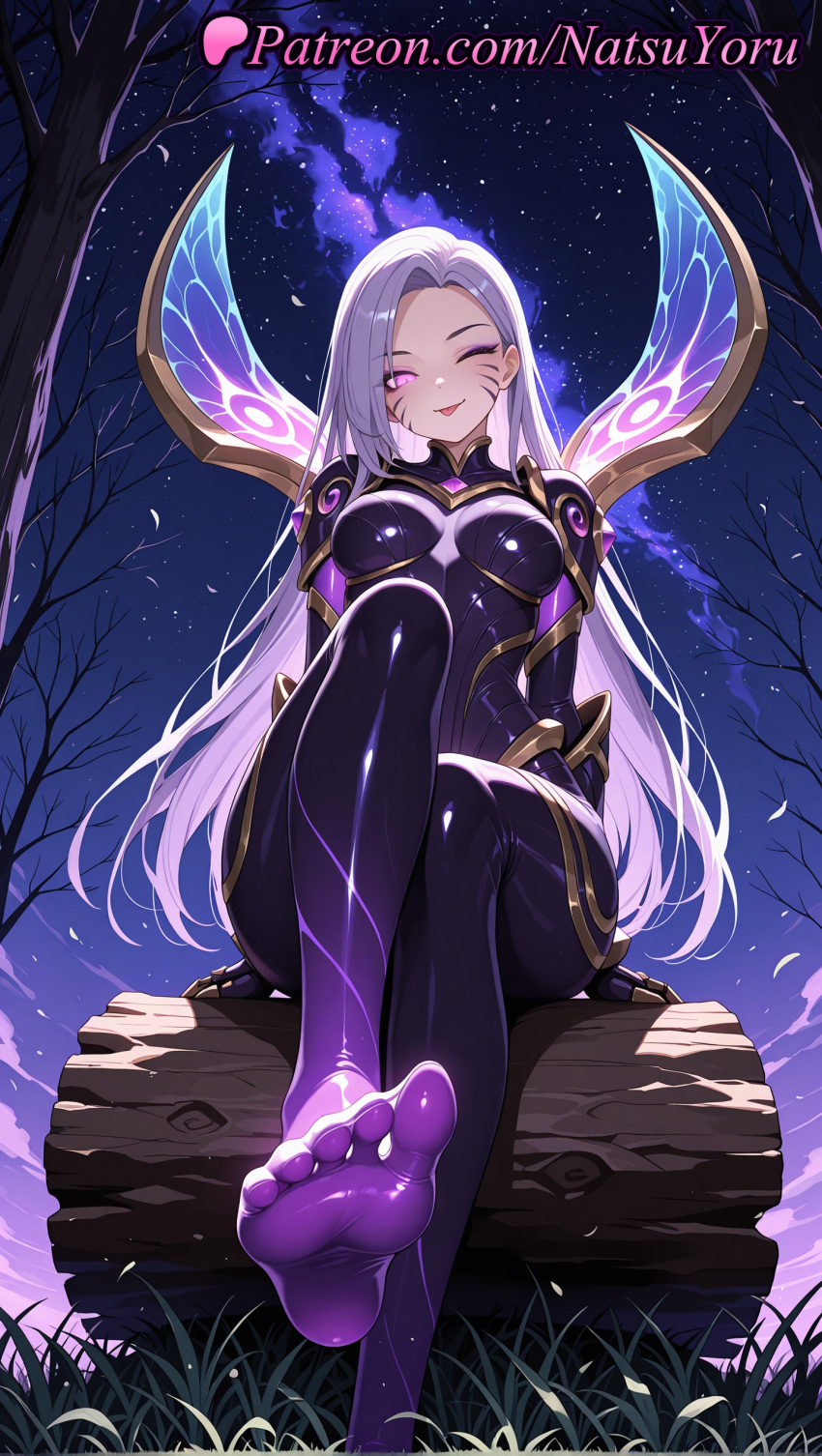 1girl 1girl 1girls 2025 ai ai_assisted ai_generated anime anime_style armor bangs bare_tree big_breasts big_breasts black_bodysuit bodysuit breasts breasts_apart bust closed_eyes closed_mouth crossed_legs facepaint facial_mark feet female_focus female_only foot_fetish foot_focus foot_out_of_frame from_below gloves glowing grass hentai high_quality high_res high_res high_resolution impossible_bodysuit kai'sa latex league_of_legends league_of_legends:_wild_rift lipstick long_hair looking_at_viewer makeup medium_breasts nail_polish natsuyoru night night_sky no_shoes non-asian one_eye_closed outside pale_skin parted_bangs patreon pink_eyes pov_feet presenting_foot purple_bodysuit purple_eyes purple_hair riot_games shiny shiny_clothes sitting skin_tight sky smile soles solo_female stable_diffusion star_(sky) starry_sky thighs toes tongue tongue_out tree tree_stump very_long_hair voluptuous voluptuous_female whisker_markings white_hair wings