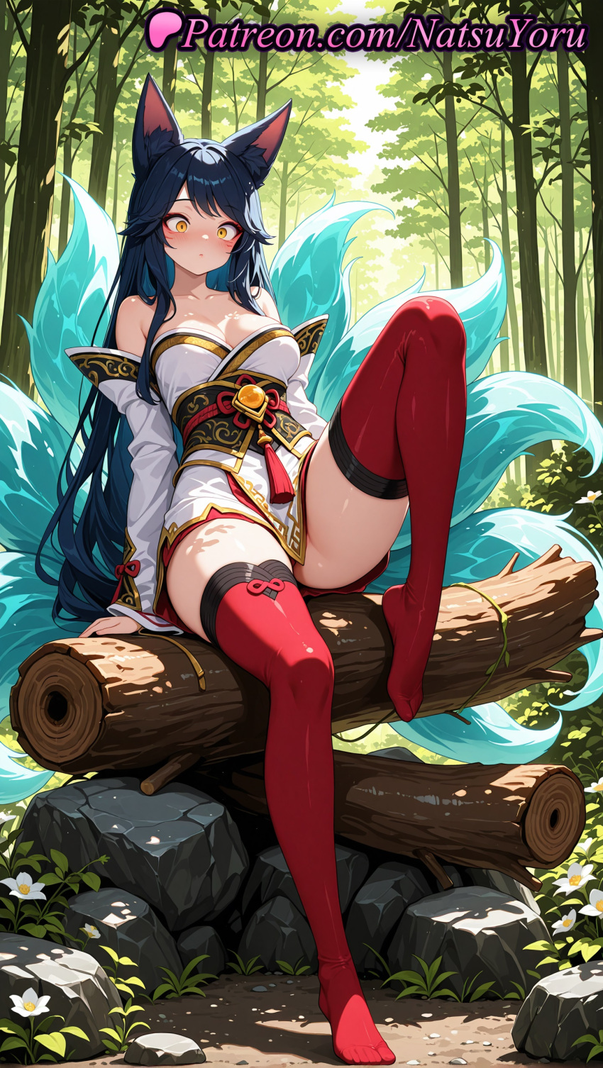 1girl 1girl 1girls 2025 ahri ai ai_assisted ai_generated animal_ear_fluff animal_ears anime anime_style arm_support artist_name bamboo bamboo_forest bangs bare_shoulders big_breasts big_breasts black_hair blush breasts bust cleavage closed_mouth collarbone day detached_sleeves dress facial_mark feet female_focus female_only flower foot_fetish forest fox_ears fox_girl fox_tail full_body hentai high_quality high_res high_res high_resolution japanese_clothes kimono kitsune knee_up korean_clothes kyuubi league_of_legends league_of_legends:_wild_rift legs log long_hair long_sleeves looking_at_viewer multiple_tails natsuyoru nature no_shoes non-asian obi outside patreon red_thighhighs riot_games rock sash sitting sitting_on_rock skirt solo_female stable_diffusion stockings strapless tail thighs toes tree tree_stump very_long_hair voluptuous voluptuous_female whisker_markings white_flower yellow_eyes