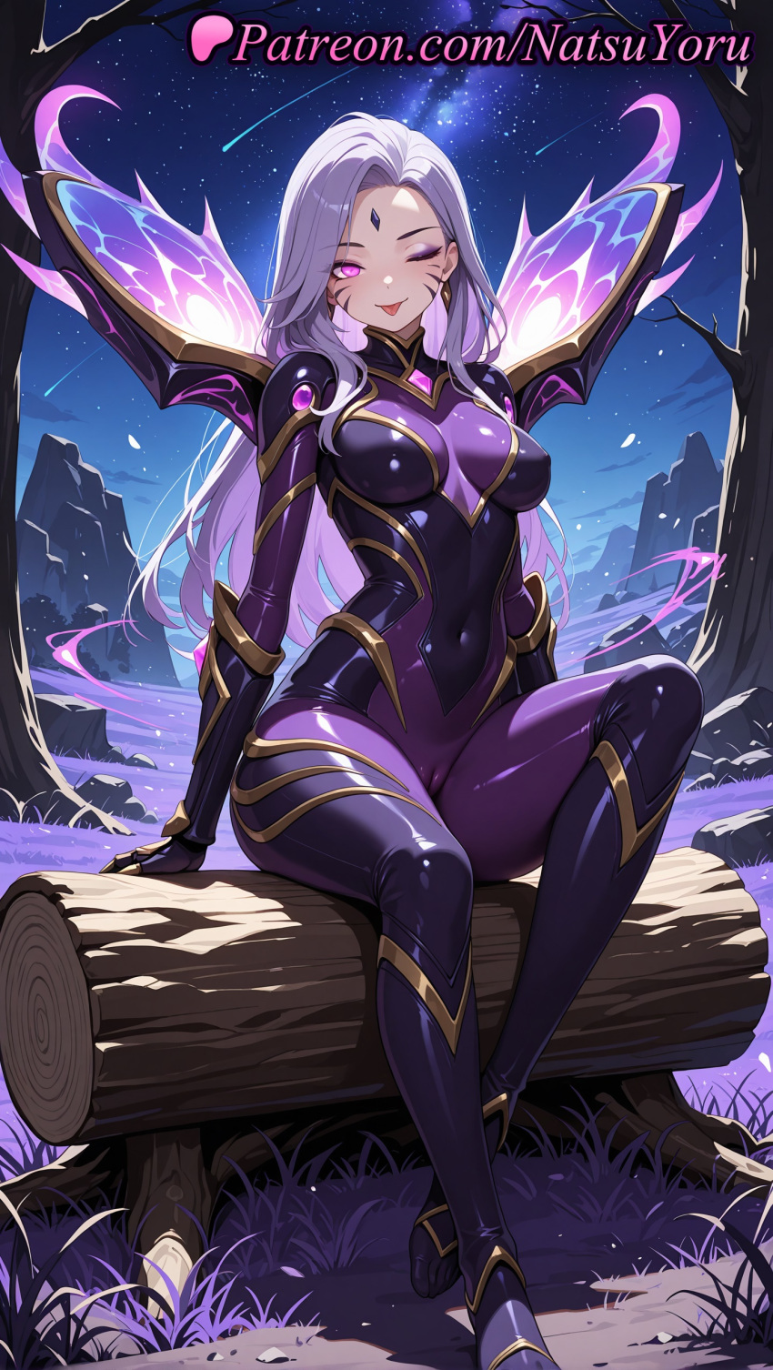 1girl 1girl 1girls 2025 ai ai_assisted ai_generated anime anime_style armor bangs big_breasts big_breasts bodysuit breasts bust cameltoe closed_mouth covered_navel covered_nipples detached_wings earrings facepaint facial_mark female_focus female_only foot_fetish forehead_mark full_body gauntlets gloves glowing grass grey_hair hentai high_heels high_quality high_res high_res high_resolution impossible_bodysuit jewelry kai'sa latex league_of_legends league_of_legends:_wild_rift log long_hair looking_at_viewer medium_breasts natsuyoru night night_sky one_eye_closed outside parted_bangs patreon pink_eyes purple_bodysuit purple_eyes purple_hair riot_games shiny shiny_clothes shooting_star shoulder_armor sitting skin_tight sky smile solo_female stable_diffusion star_(sky) starry_sky tongue tongue_out tree tree_stump voluptuous voluptuous_female whisker_markings white_hair wings