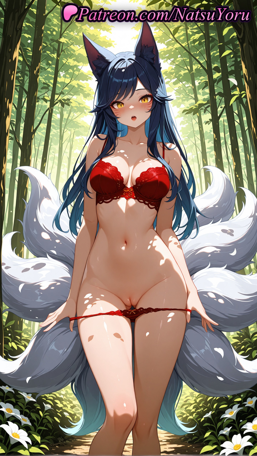 1girl 1girl 1girls 2025 ahri ai ai_assisted ai_generated animal_ear_fluff animal_ears anime anime_style ass_visible_through_thighs bamboo bamboo_forest bangs bare_arms bare_shoulders big_breasts big_breasts black_hair blue_hair blush bra breasts bust cleavage cleft_of_venus collarbone day facial_mark feet_out_of_frame female_focus female_only female_solo flower forest fox_ears fox_girl fox_tail groin hentai high_quality high_res high_res high_resolution kitsune kyuubi lace-trimmed_bra lace-trimmed_panties lace_trim league_of_legends league_of_legends:_wild_rift lingerie long_hair looking_at_viewer makeup multiple_tails natsuyoru nature navel non-asian open_mouth outside paipan panties panties panty_pull patreon pulled_by_self pussy pussy pussy_juice red_bra red_panties riot_games slit_pupils solo_female stable_diffusion standing stomach sunlight swept_bangs tail thigh_gap thighs tree uncensored underwear underwear_only voluptuous voluptuous_female whisker_markings white_flower yellow_eyes