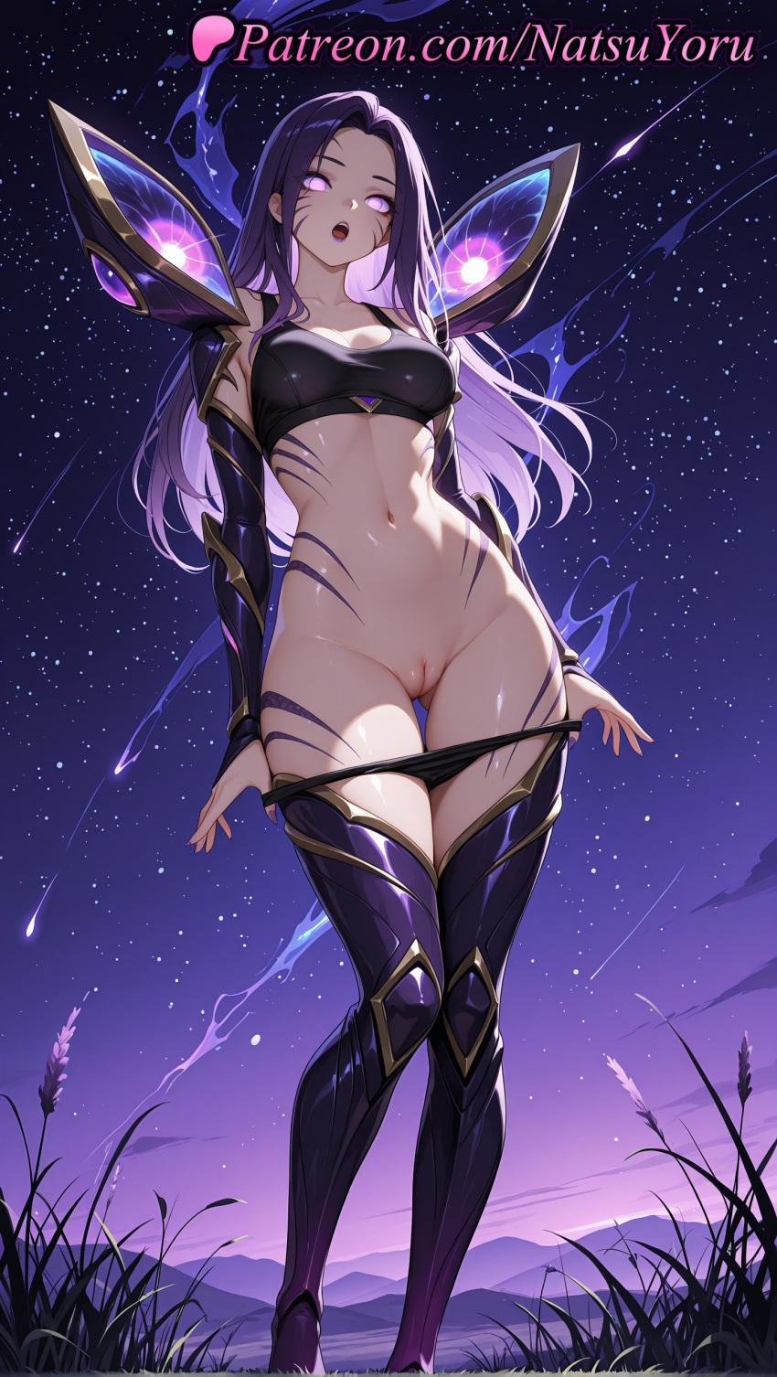 1girl 1girl 1girls 2025 ai ai_assisted ai_generated anime anime_style armor armored_boots artist_name ass_visible_through_thighs bangs big_breasts big_breasts black_bra black_panties boots bra breasts bust cleft_of_venus collarbone colored_inner_hair detached_sleeves facepaint facial_mark female_focus female_only full_body glowing glowing_eyes grass hentai high_quality high_res high_res high_resolution kai'sa knees_together_feet_apart labia labia_majora league_of_legends league_of_legends:_wild_rift legs long_hair looking_at_viewer makeup medium_breasts nail_polish natsuyoru navel night night_sky nipples nipples_outside no_pupils non-asian open_mouth outside panties panties panty_pull parted_bangs patreon pulled_by_self purple_eyes purple_hair purple_sky purple_thighhighs pussy pussy riot_games shooting_star shoulder_armor sky solo_female stable_diffusion standing star_(sky) starry_sky stockings stomach tattoo teeth thigh_gap thigh_high_boots uncensored uncensored_nipples underwear undressing upper_teeth_only voluptuous voluptuous_female whisker_markings