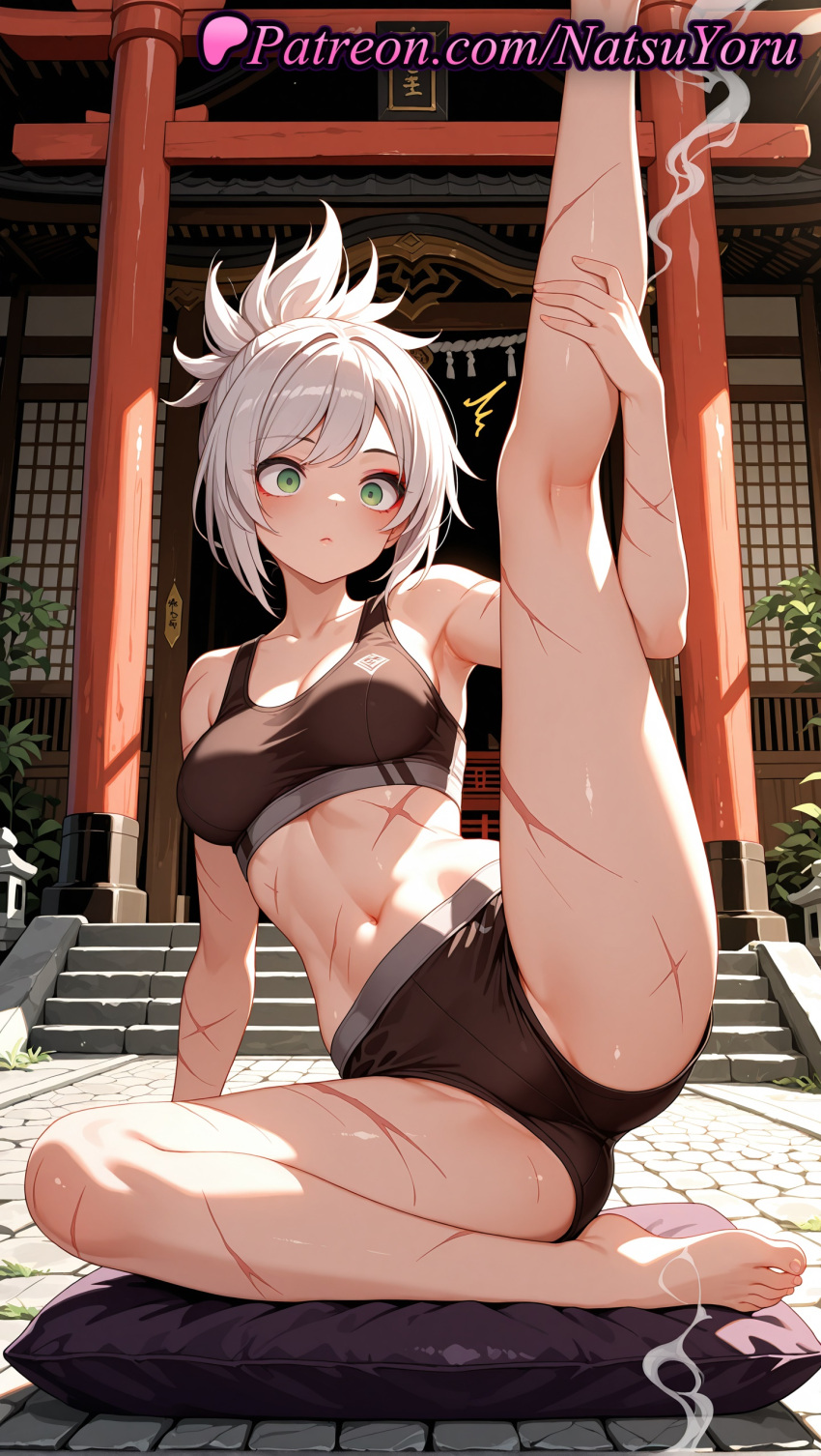 1girl 1girl 1girls 2025 abs ai ai_assisted ai_generated anime anime_style architecture armpit armpits asian bangs bare_arms bare_legs bare_shoulders barefoot big_breasts black_buruma black_shorts black_sports_bra blush breasts buruma bust cameltoe closed_mouth collarbone curvy curvy_body curvy_female east_asian_architecture feet female_focus female_only foot_fetish green_eyes hentai high_quality high_res high_res high_resolution kneepits league_of_legends league_of_legends:_wild_rift leg_lift legs lipstick looking_at_viewer makeup medium_breasts midriff natsuyoru navel outside patreon ponytail riot_games riven rope scar scar_on_arm scar_on_chest scar_on_face scar_on_leg scar_on_stomach shide shimenawa short_hair short_ponytail short_shorts shorts shrine sitting smoke solo_female split sports_bra spread_legs stable_diffusion stomach sweat thighs tied_hair toenails toes torii underwear voluptuous voluptuous_female white_hair wide-eyed