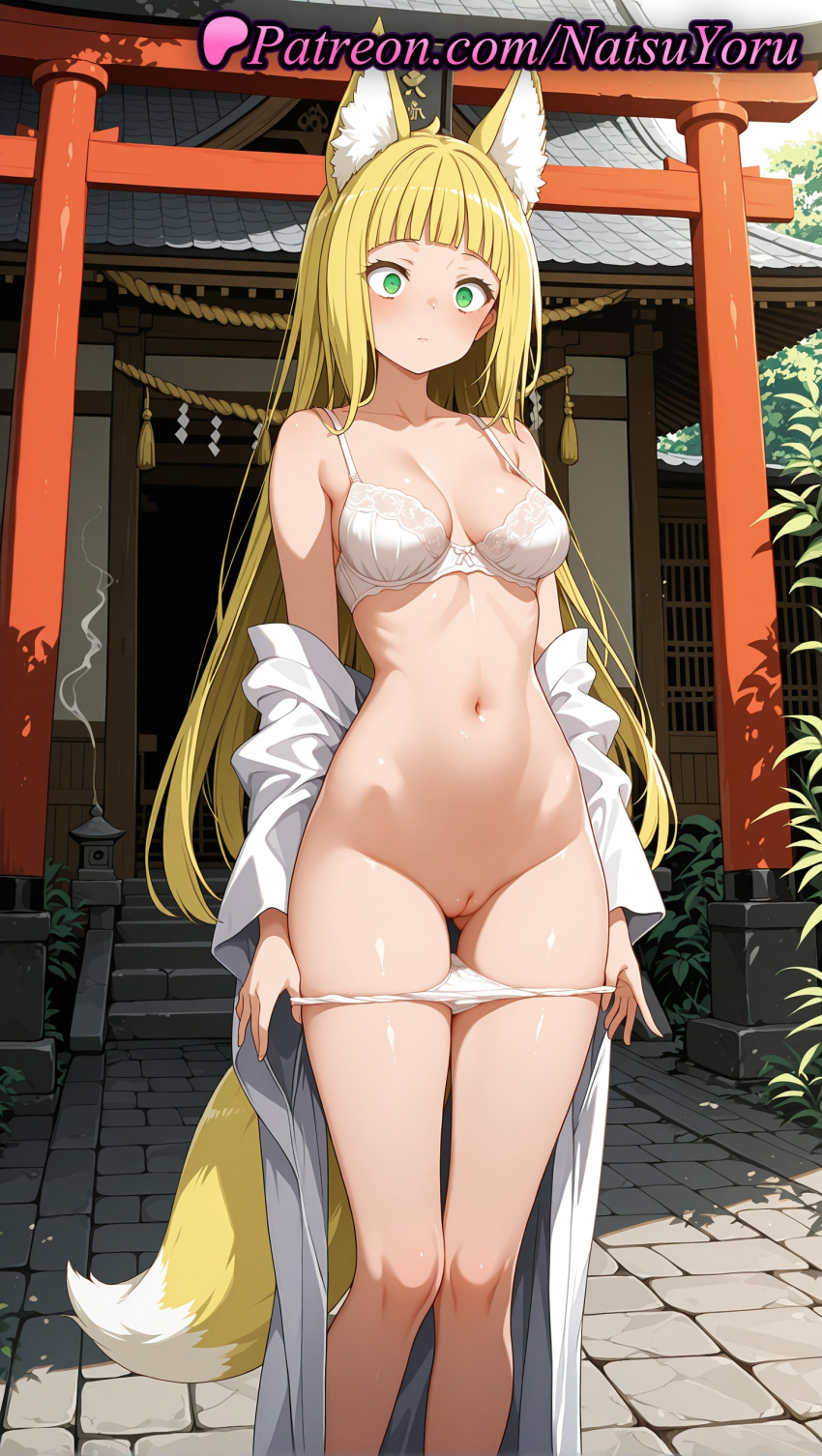 1girl 1girl 1girls 2025 ai ai_assisted ai_generated animal_ear_fluff animal_ears anime anime_style architecture ass_visible_through_thighs bangs bare_shoulders big_breasts blonde_hair blunt_bangs blush bra breasts bust cleavage cleft_of_venus closed_mouth clothing collarbone day dungeon_ni_deai_wo_motomeru_no_wa_machigatteiru_darou_ka east_asian_architecture feet_out_of_frame female_focus female_only female_solo fox_ears fox_girl fox_tail green_eyes haruhime hentai high_quality high_res high_res high_resolution japanese_clothes kimono legs long_hair looking_at_viewer medium_breasts natsuyoru navel off_shoulder open_clothes open_kimono outside paipan panties panties panties_down panty_pull patreon pulled_by_self pussy pussy rope sanjouno_haruhime shide shimenawa shrine solo_female stable_diffusion standing stomach stone_lantern tail thigh_gap thighs torii uncensored underwear undressing very_long_hair voluptuous voluptuous_female white_bra white_kimono white_panties