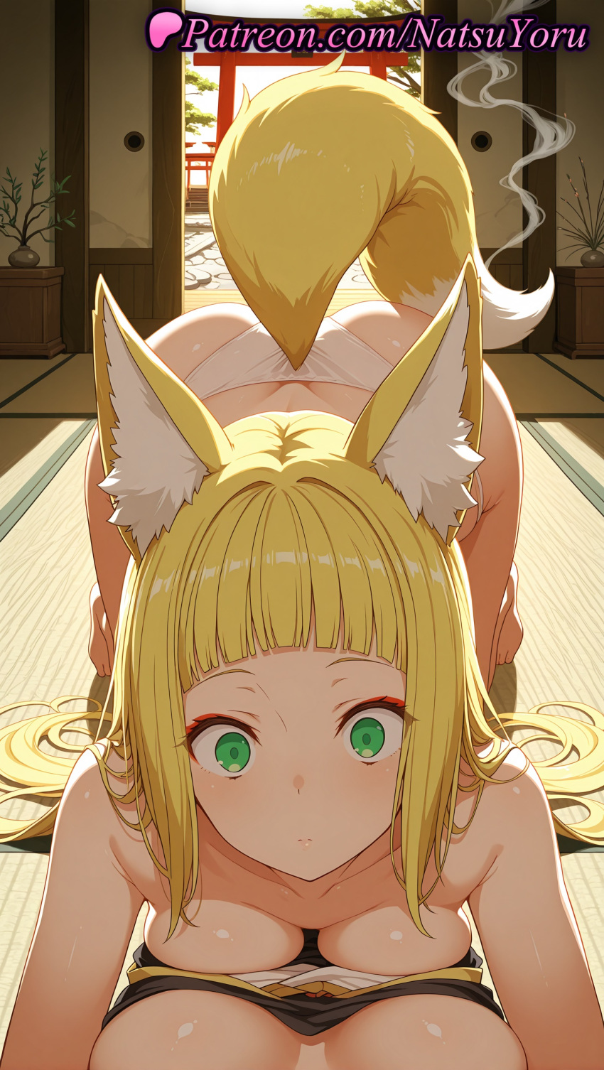 1girl 1girl 1girls 2025 2_girls ai ai_assisted ai_generated all_fours animal_ear_fluff animal_ears anime anime_style artist_name asian ass ass bangs bare_shoulders barefoot big_breasts big_breasts blonde_hair blunt_bangs blush breast_press breasts bust cleavage closed_mouth collarbone dungeon_ni_deai_wo_motomeru_no_wa_machigatteiru_darou_ka female_focus female_only female_pov fox_ears fox_girl fox_tail green_eyes haruhime hentai high_quality high_res high_res high_resolution indoors juicy_butt long_hair looking_at_viewer makeup medium_breasts multiple_girls natsuyoru panties patreon plant potted_plant pov sanjouno_haruhime sliding_doors slit_pupils smoke solo_female stable_diffusion strapless tail tatami torii underwear voluptuous voluptuous_female white_panties wide-eyed yuri