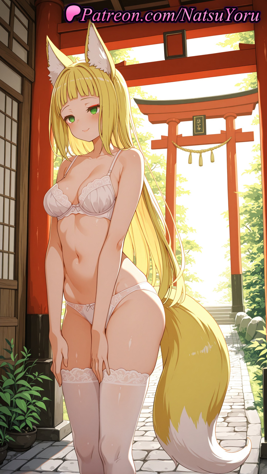 1girl 1girl 1girls 2025 ai ai_assisted ai_generated animal_ear_fluff animal_ears anime anime_style bangs bare_arms bare_shoulders big_breasts blonde_hair blunt_bangs blush bow bow_panties bra breasts bust cleavage closed_mouth clothing collarbone day dungeon_ni_deai_wo_motomeru_no_wa_machigatteiru_darou_ka east_asian_architecture feet_out_of_frame female_focus female_only fox_ears fox_girl fox_tail green_eyes haruhime hentai high_quality high_res high_res high_resolution lace-trimmed_bra lace-trimmed_legwear lace_trim lingerie long_hair looking_at_viewer medium_breasts natsuyoru navel outside panties panties patreon plant rope sanjouno_haruhime shimenawa shrine smile solo_female stable_diffusion standing stockings stomach tail thighs torii underwear underwear_only very_long_hair voluptuous voluptuous_female white_bra white_legwear white_panties white_thighhighs