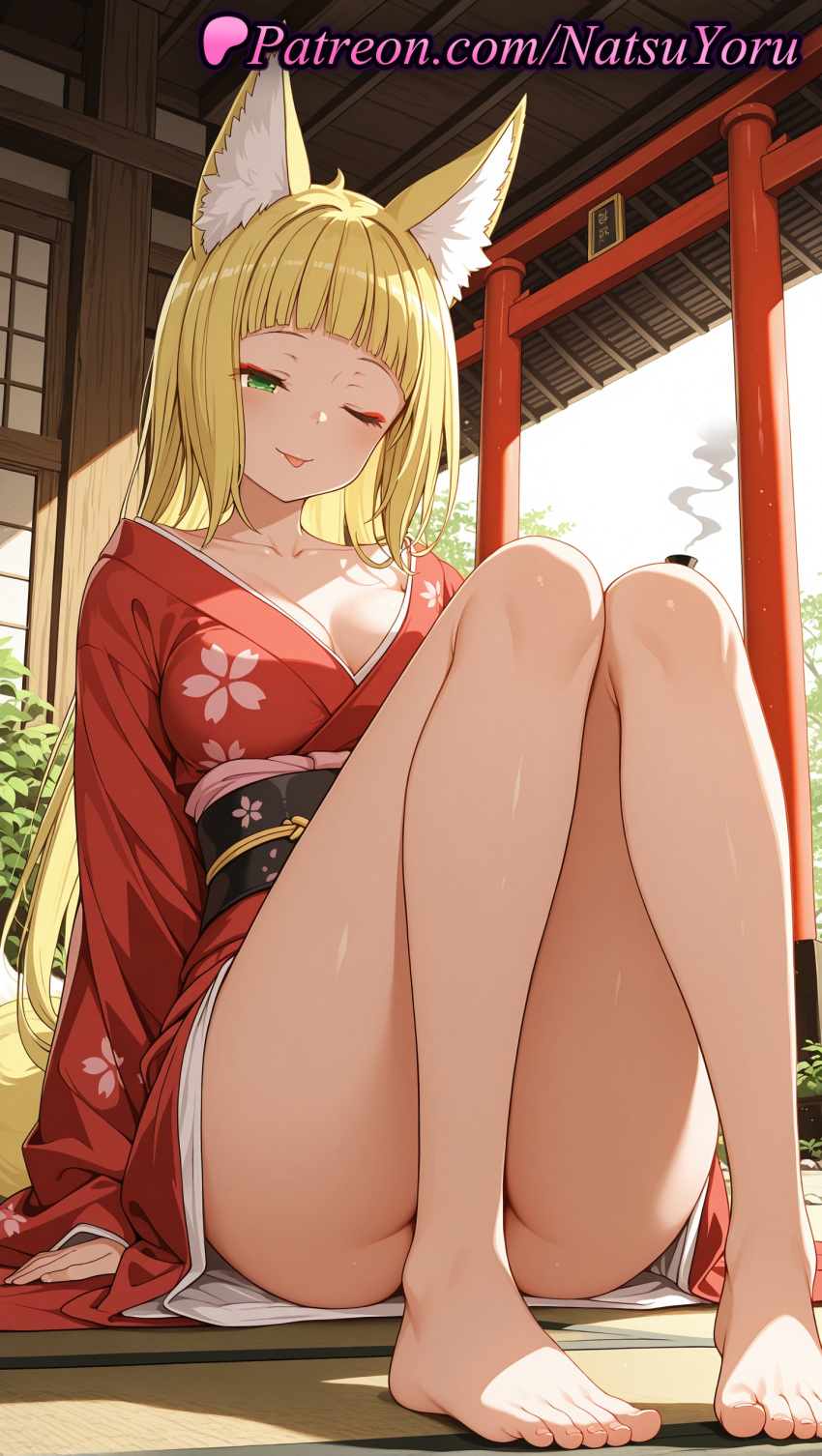 1girl 1girl 1girls 2025 ai ai_assisted ai_generated animal_ear_fluff animal_ears anime anime_style architecture asian ass bangs bare_legs barefoot big_breasts big_breasts blonde_hair blunt_bangs blush breasts bust cleavage closed_mouth collarbone convenient_leg dungeon_ni_deai_wo_motomeru_no_wa_machigatteiru_darou_ka east_asian_architecture eyeshadow feet female_focus female_only floral_print foot_fetish fox_ears fox_girl fox_tail green_eyes haruhime hentai high_quality high_res high_res high_resolution indoors japanese_clothes juicy_butt kimono knees_together_feet_apart knees_up legs long_hair long_sleeves looking_at_viewer makeup medium_breasts natsuyoru no_panties obi off_shoulder on_floor one_eye_closed patreon print_kimono red_kimono sanjouno_haruhime sash sitting smile smoke solo_female stable_diffusion tail tatami thighs toenails toes tongue tongue_out torii voluptuous voluptuous_female wafuku wide_sleeves yukata
