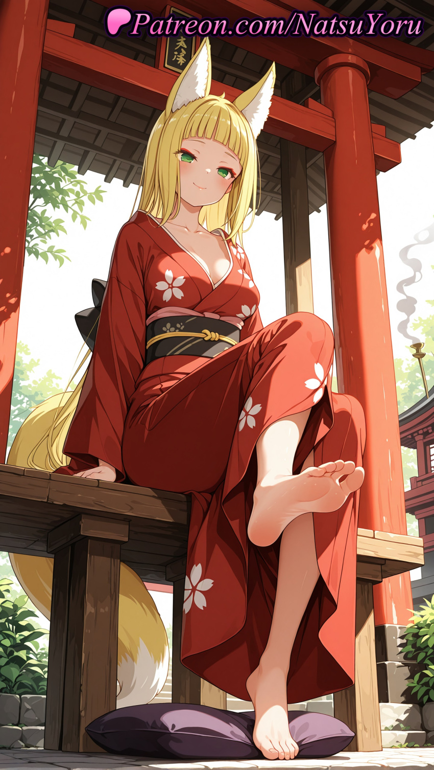 1girl 1girl 1girls 2025 ai ai_assisted ai_generated animal_ear_fluff animal_ears anime anime_style architecture asian bangs barefoot big_breasts blonde_hair blunt_bangs blush breasts bust cleavage closed_mouth collarbone day dungeon_ni_deai_wo_motomeru_no_wa_machigatteiru_darou_ka east_asian_architecture feet female_focus female_only floral_print foot_fetish foot_focus fox_ears fox_girl fox_tail full_body green_eyes haruhime hentai high_quality high_res high_res high_resolution japanese_clothes kimono long_hair long_sleeves looking_at_viewer makeup medium_breasts natsuyoru obi outside patreon pillow presenting_foot print_kimono red_kimono sanjouno_haruhime sash sitting smile smoke soles solo_female stable_diffusion tail thighs toenails toes torii very_long_hair voluptuous voluptuous_female wafuku wide_sleeves yukata