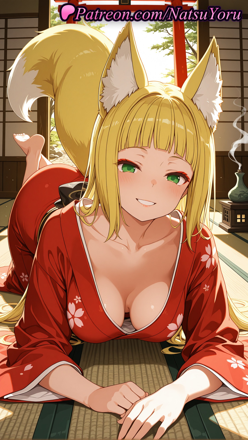 1girl 1girl 1girls 2025 ai ai_assisted ai_generated all_fours animal_ear_fluff animal_ears anime anime_style asian bangs barefoot big_breasts big_breasts blonde_hair blunt_bangs blush breasts bust cleavage collarbone downblouse dungeon_ni_deai_wo_motomeru_no_wa_machigatteiru_darou_ka eyeshadow feet female_focus female_only floral_print floral_print_kimono foot_fetish fox_ears fox_girl fox_tail green_eyes grin haruhime hentai high_quality high_res high_res high_resolution indoors japanese_clothes kimono long_hair long_sleeves looking_at_viewer lying makeup medium_breasts natsuyoru no_bra obi on_floor on_stomach parted_lips patreon print_kimono red_kimono sanjouno_haruhime sash shouji sliding_doors smile soles solo_female stable_diffusion tail tatami torii very_long_hair voluptuous voluptuous_female wafuku wide_sleeves