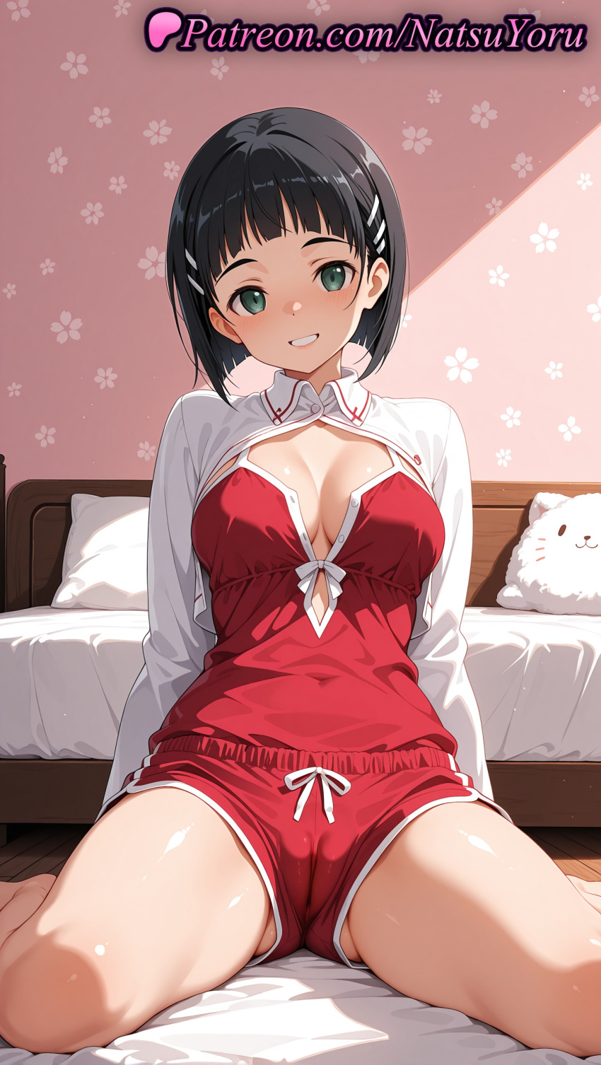 1girl 1girl 1girls 2025 ai ai_assisted ai_generated anime anime_style arm_support asian ass_visible_through_thighs bangs barefoot bed bedroom big_breasts big_breasts black_hair blunt_bangs blush bob_cut breasts breasts_apart bust cameltoe cleavage cleavage_cutout clothing covered_navel dolphin_shorts female_focus female_only green_eyes grin hair_ornament hairclip hentai high_quality high_res high_res high_resolution indoors kirigaya_suguha leafa leaning_back lips long_sleeves looking_at_viewer medium_breasts natsuyoru on_bed open_clothes pajamas patreon pillow red_shirt red_shorts shiny shirt short_hair short_shorts shorts shrug_(clothing) sitting smile solo_female stable_diffusion stuffed_toy sword_art_online sword_art_online_alicization teeth thighs underwear voluptuous voluptuous_female wariza white_shirt