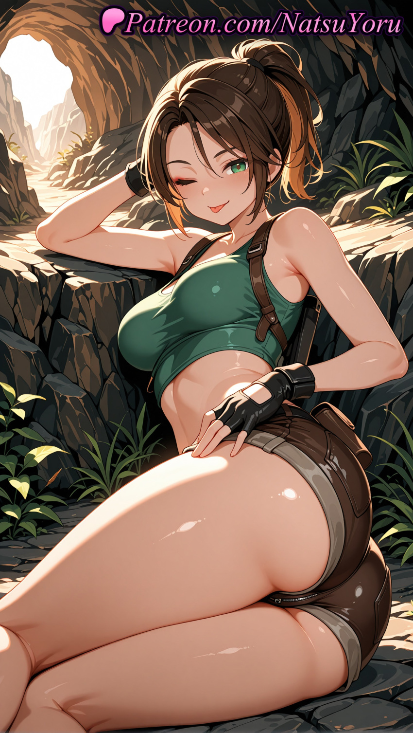 1girl 1girl 1girls 2025 ai ai_assisted ai_generated anime anime_style armpits asian ass ass bangs bare_arms bare_legs bare_shoulders belt big_breasts big_breasts black_gloves blush breasts brown_hair brown_shorts bust cave clothing crop_top day feet_out_of_frame female_focus female_only female_solo fingerless_gloves gloves green_eyes green_shirt gun hentai high_quality high_res high_res high_resolution holster juicy_butt kneepits lara_croft lara_croft_(classic) lara_croft_(survivor) legs lips lipstick long_hair looking_at_viewer lying medium_breasts micro_shorts midriff multicolored_hair natsuyoru on_side one_eye_closed outside parted_bangs patreon ponytail pouch rock shiny shiny_skin shirt short_ponytail short_shorts shorts sleeveless sleeveless_shirt smile solo_female stable_diffusion tank_top thighs tomb_raider tongue tongue_out twisted_torso voluptuous voluptuous_female weapon