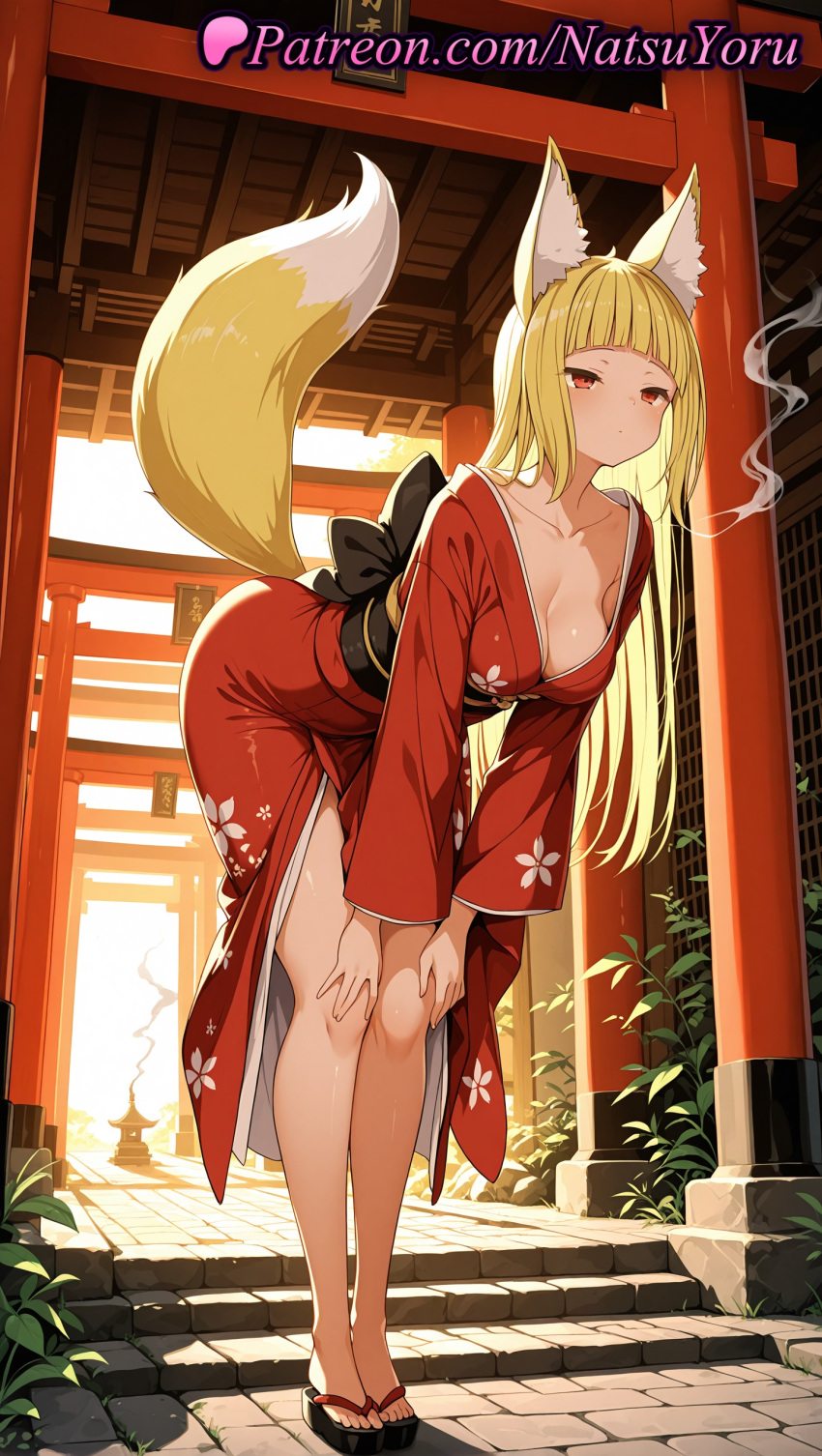 1girl 1girl 1girls 2025 ai ai_assisted ai_generated animal_ear_fluff animal_ears anime anime_style architecture bangs bare_legs bent_over big_breasts big_breasts black_footwear blonde_hair blunt_bangs blush breasts bust cigarette cleavage closed_mouth collarbone dungeon_ni_deai_wo_motomeru_no_wa_machigatteiru_darou_ka east_asian_architecture expressionless facial_mark feet female_focus female_only floral_print foot_fetish fox_ears fox_girl fox_tail full_body hands_on_own_knees haruhime hentai high_quality high_res high_res high_resolution japanese_clothes kimono leaning_forward legs long_hair long_sleeves looking_at_viewer medium_breasts multiple_torii natsuyoru obi off_shoulder outside patreon print_kimono red_eyes red_kimono robe sandals sanjouno_haruhime sash smoke smoking solo_female stable_diffusion stairs standing tail thighs toenails toes torii very_long_hair voluptuous voluptuous_female wafuku wide_sleeves zouri