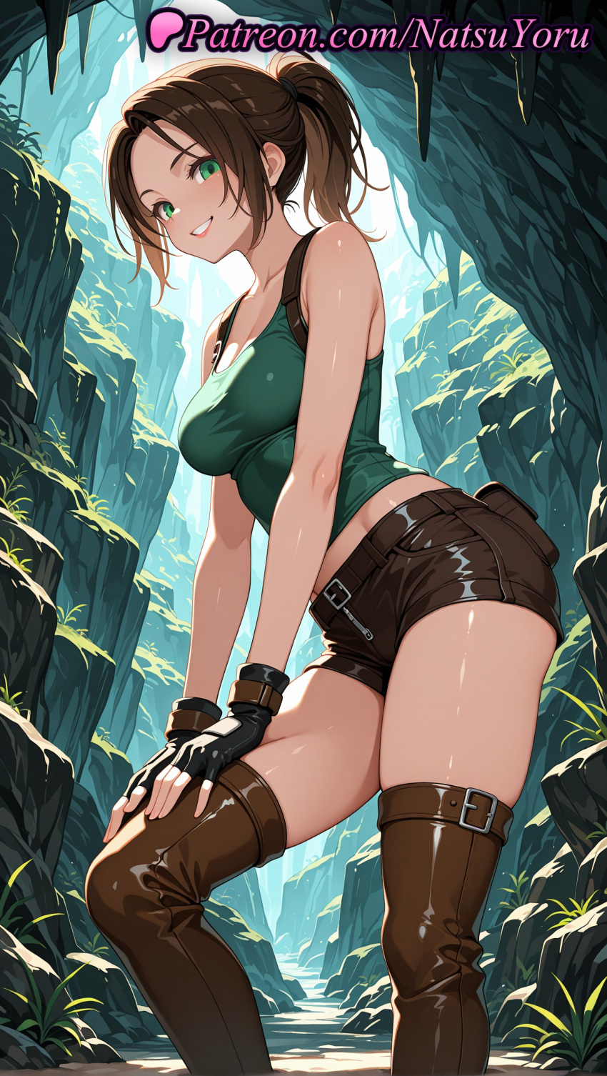 1girl 1girl 1girls 2025 ai ai_assisted ai_generated anime anime_style asian bangs bare_arms bare_shoulders belt big_breasts big_breasts black_gloves black_shorts blush boots breasts brown_footwear brown_hair brown_shorts brown_thighhighs bust cave cleavage collarbone crop_top day feet_out_of_frame female_focus female_only fingerless_gloves gloves green_eyes green_shirt grin hand_on_own_thigh hentai high_quality high_res high_res high_resolution lara_croft lara_croft_(classic) lara_croft_(survivor) leather looking_at_viewer medium_breasts medium_hair midriff midriff_peek natsuyoru outside parted_bangs parted_lips patreon ponytail pouch rock shirt short_shorts shorts skindentation smile solo_female stable_diffusion standing stockings tank_top thigh_high_boots thighs tied_hair tomb_raider voluptuous voluptuous_female