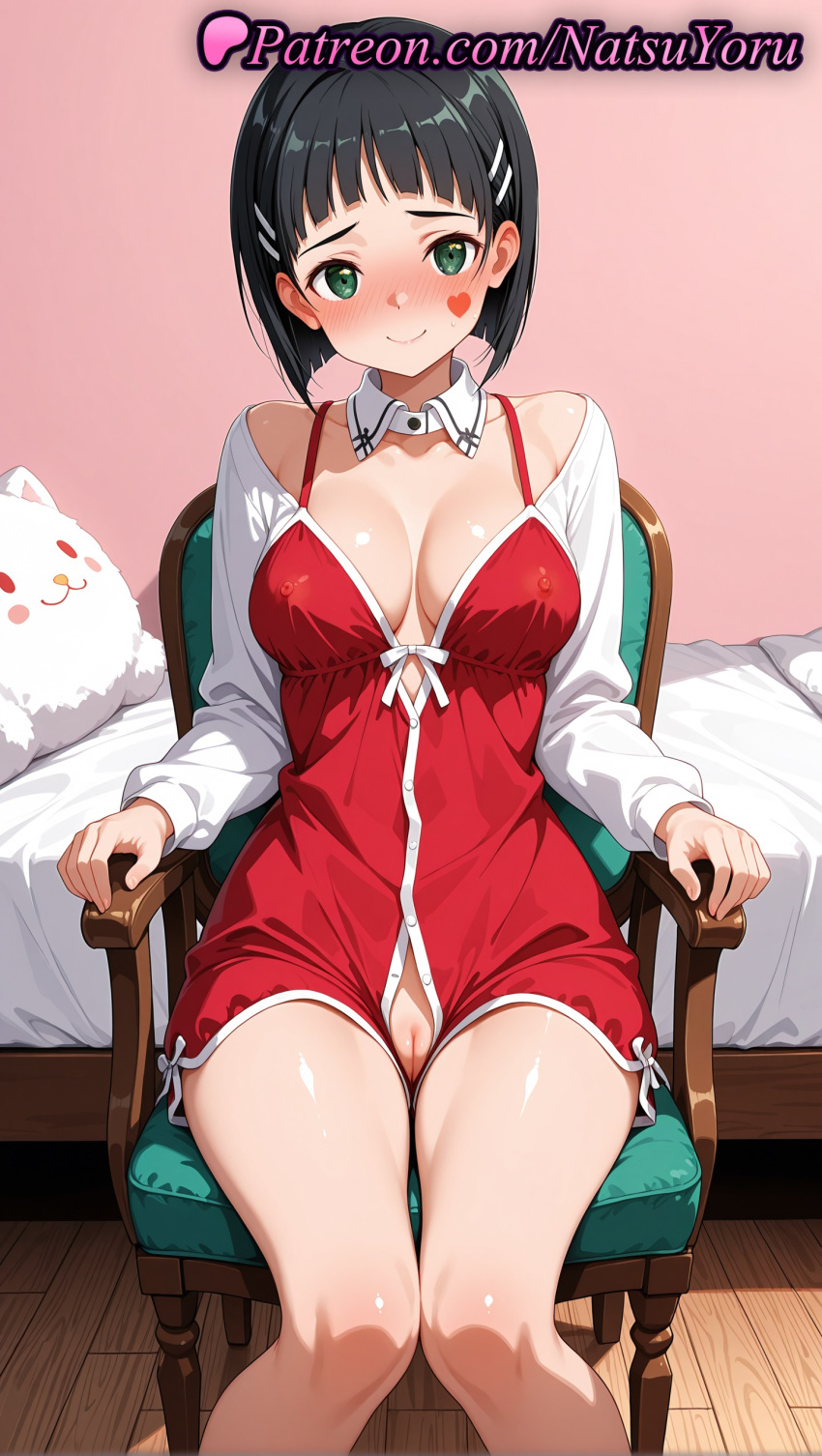 1girl 1girls 2025 ai ai_assisted ai_generated anime anime_style bangs bare_shoulders bed bedroom big_breasts black_hair blunt_bangs blush bob_cut breasts breasts_apart bust chair cleavage closed_mouth clothing collar collarbone covered_nipples crotchless detached_collar dress facial_mark facial_tattoo female_focus female_only female_solo green_eyes hair_ornament hairclip heart heart_tattoo hentai high_quality high_res high_resolution indoors kirigaya_suguha knees_together_feet_apart leafa legs lips long_sleeves looking_at_viewer makeup medium_breasts natsuyoru nightgown nipples nipples_outside no_panties off_shoulder on_bed on_chair open_clothes paipan pajamas patreon pussy red_dress shiny shiny_skin short_hair sitting smile solo_female stable_diffusion stuffed_animal stuffed_toy sword_art_online sword_art_online_alicization uncensored uncensored_nipples voluptuous voluptuous_female white_shirt wooden_chair wooden_floor zipper