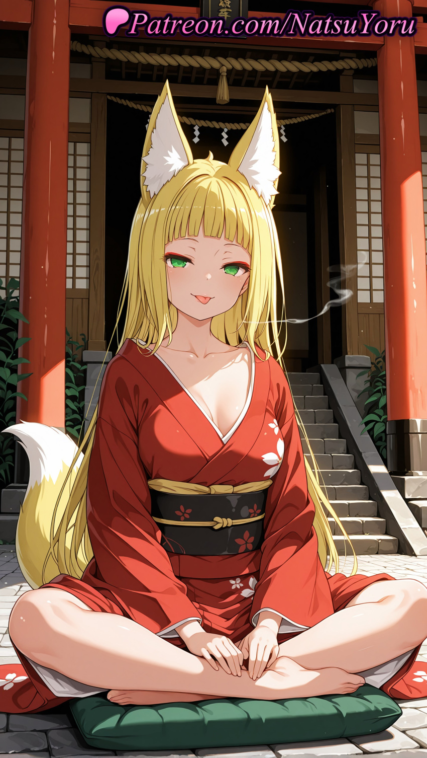 1girl 1girl 1girls 2025 ai ai_assisted ai_generated animal_ear_fluff animal_ears anime anime_style architecture asian bangs bare_legs barefoot big_breasts black_sash blonde_hair blunt_bangs breasts bust cleavage collarbone crossed_legs cushion dungeon_ni_deai_wo_motomeru_no_wa_machigatteiru_darou_ka east_asian_architecture feet female_focus female_only floral_print foot_fetish fox_ears fox_girl fox_tail full_body green_eyes haruhime hentai high_quality high_res high_res high_resolution indian_style japanese_clothes kimono legs long_hair long_sleeves looking_at_viewer makeup medium_breasts natsuyoru obi obijime outside patreon print_kimono red_kimono rope sanjouno_haruhime sash shide shimenawa shrine sitting smile smoke solo_female stable_diffusion stairs straight_hair tail toes tongue tongue_out torii very_long_hair voluptuous voluptuous_female wafuku wide_sleeves