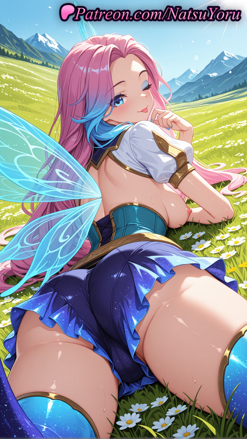 1girl 1girl 1girls 2025 ai ai_assisted ai_generated anime anime_style artist_name ass ass back bangs big_breasts big_breasts blue_eyes blue_hair blue_legwear blue_nails blue_skirt blue_sky blue_thighhighs blue_wings blush breasts breasts_out bust cameltoe caucasian clothing corset day fairy fairy_wings female_focus female_only field flower flower_field forehead from_behind gradient_hair grass hentai high_quality high_res high_res high_resolution juicy_butt league_of_legends league_of_legends:_wild_rift long_hair looking_at_viewer looking_back lying makeup medium_breasts mountain multi-colored_hair multicolored_hair nail_polish natsuyoru nipples nipples_outside non-asian on_stomach one_eye_closed outside parted_bangs parted_hair patreon pink_hair plant puffy_short_sleeves puffy_sleeves riot_games seraphine_(league_of_legends) short_sleeves shorts sideboob skirt sky smile solo_female stable_diffusion stockings thick_thighs thighs tongue tongue_out two-tone_hair uncensored_nipples voluptuous voluptuous_female white_flower wings