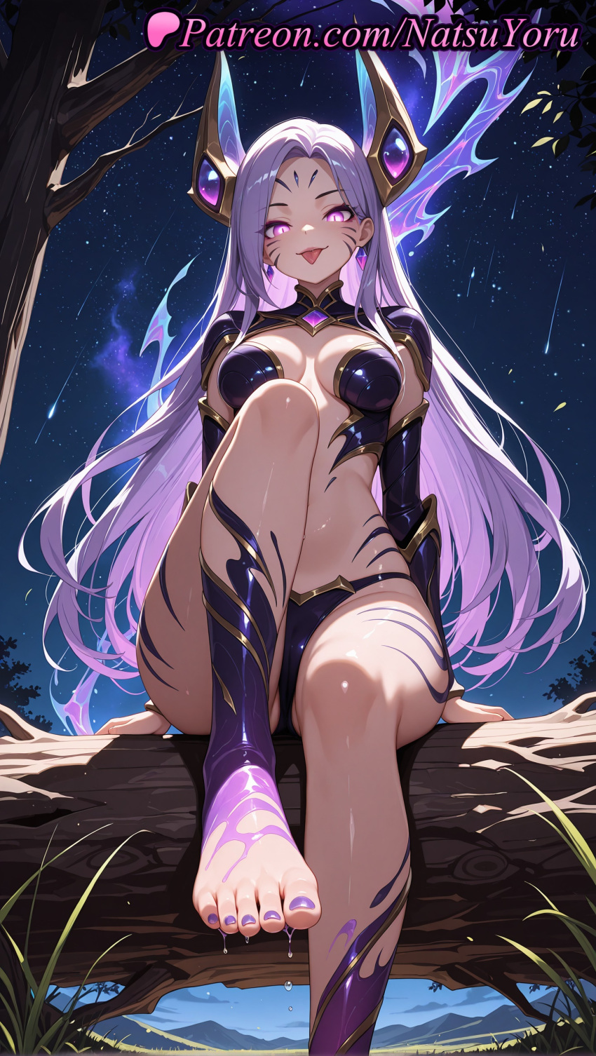 1girl 1girls 2025 ai ai_assisted ai_generated anime anime_style armor bangs barefoot big_breasts bikini_armor blush body_markings bodypaint breasts breasts_apart bust cleavage earrings facepaint facial_mark feet female_focus female_only foot_fetish foot_focus foot_out_of_frame foreshortening glowing hair_ornament hentai high_quality high_res high_resolution horns jewelry kai'sa knee_up league_of_legends league_of_legends:_wild_rift legs long_hair looking_at_viewer makeup medium_breasts nail_polish natsuyoru navel night night_sky no_shoes non-asian open_mouth outside parted_bangs patreon pink_eyes purple_eyes purple_hair purple_nails revealing_clothes riot_games shooting_star shrug_(clothing) sitting sitting_in_tree sky smile solo_female stable_diffusion star_(sky) starry_sky stomach tattoo thighs toenail_polish toenails toes tongue tongue_out tree very_long_hair voluptuous voluptuous_female wet whisker_markings