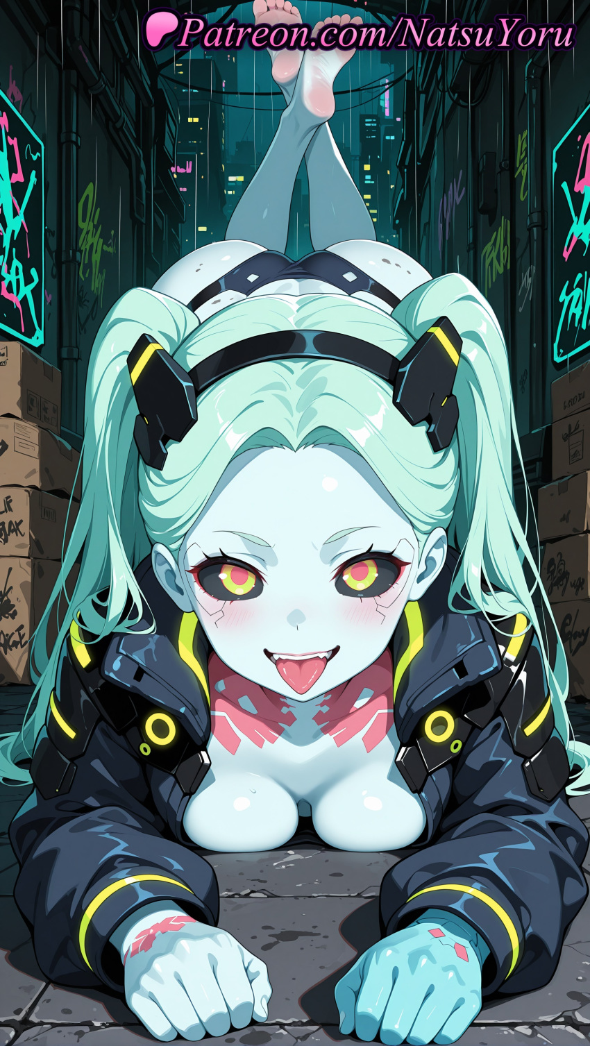 1girl 1girls 2025 ai ai_assisted ai_generated anime anime_style aqua_hair artificial_eye ass barefoot big_breasts black_hairband black_jacket black_panties blue_skin blush breast_press breasts bust cleavage colored_sclera colored_skin crossed_legs cyberpunk:_edgerunners cyberpunk_2077 fangs feet feet_up female_focus female_only female_solo foot_fetish forehead green_eyes green_hair hairband headgear hentai high_quality high_res high_resolution horns indoors jacket juicy_butt leg_tattoo lipstick long_hair long_sleeves looking_at_viewer lying makeup mechanical_eye medium_breasts natsuyoru neck_tattoo non-asian on_stomach open_jacket open_mouth panties patreon petite rebecca_(edgerunners) red_eyes red_pupils red_sclera small_breasts smile soles solo_female stable_diffusion tattoo teeth the_pose thighs toes tongue tongue_out twin_tails underwear upper_teeth_only voluptuous voluptuous_female white_skin yellow_eyes