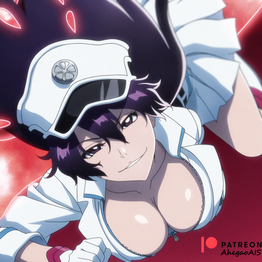 1girl 2d ahegao_ai ai_generated anime anime_style bambietta_basterbine big_breasts bleach bleach:_the_thousand-year_blood_war cleavage close-up smirk unzipped