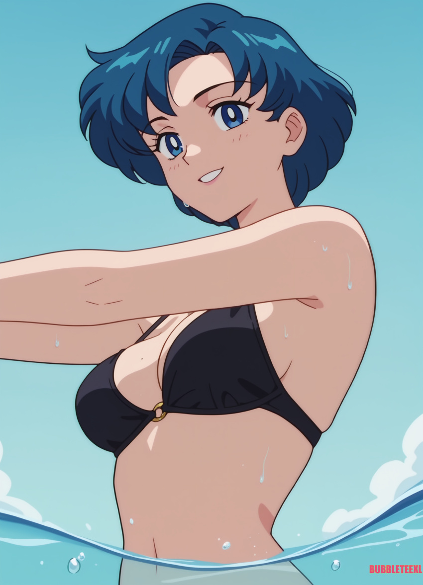 1girl 1girl alluring ami_mizuno anime anime_style bikini bishoujo_senshi_sailor_moon blue_eyes blue_hair bubbleteexl in_water medium_breasts sailor_mercury short_hair smiling_at_viewer swimming
