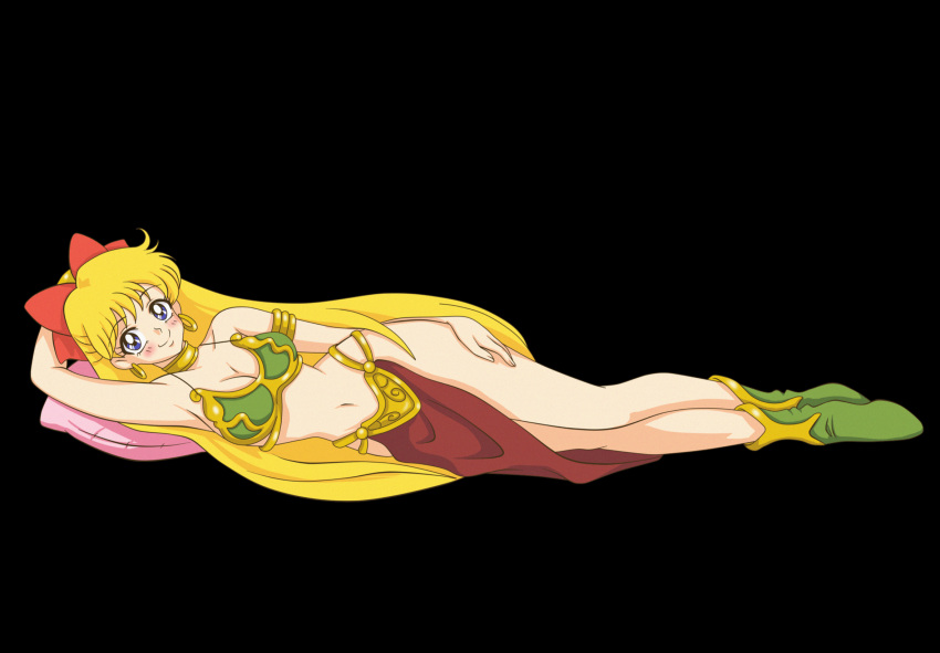 2d 2d_(artwork) 2d_artwork anime anime_girl anime_style animedrawing animegirl animestyle bare_arms bare_legs bare_midriff bare_shoulders bare_thighs big_breasts bikini bikini_top bishoujo_senshi_sailor_moon black_background blonde_female blonde_hair blonde_hair_female blue_eyes blush blush_lines blushing_at_viewer boots bow bow_ribbon bra bracelet cleavage collar ear_piercing earring earrings eyelashes goddess goddess_of_love gold_(metal) gold_bracelets gold_collar gold_ear_piercing gold_ear_ring gold_earring gold_earrings gold_jewelry golden_bracelets golden_collar golden_ear_ring golden_earrings green_bikini green_bikini_top green_boots green_bra harem_outfit hoop_ear_ring hoop_earring hoop_earrings hoop_rings hourglass_figure hourglass_figured_female hourglass_figured_humanoid laying_down laying_on_side light-skinned_female light_skin loincloth long_hair looking_at_viewer midriff minako_aino navel pillow pink_pillow pink_pillows pov pov_eye_contact pov_male red_bow red_bow_ribbon red_loincloth red_ribbon red_ribbon_in_hair ribbon_in_hair sailor_venus shading thick_thighs