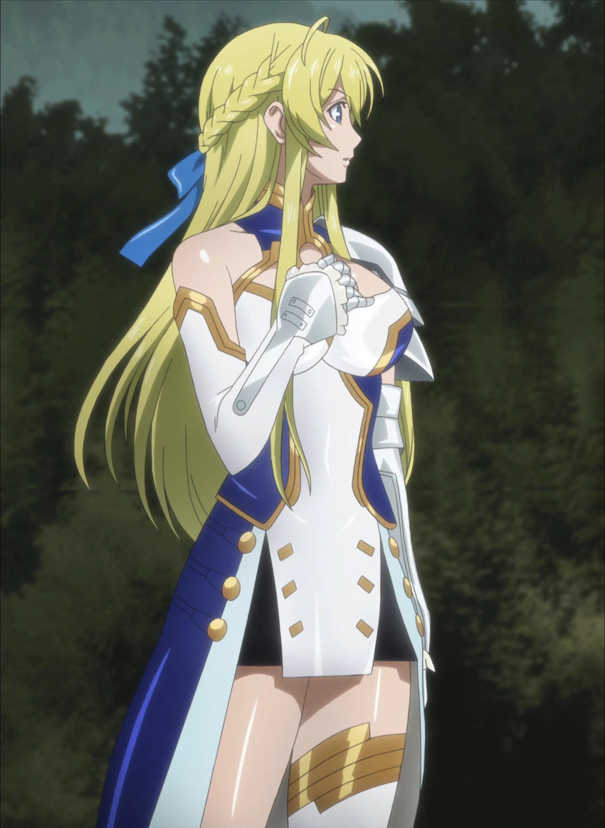 1girl anime arm_at_side armor armored_dress big_breasts blonde_female blonde_hair blue_dress blue_eyes breasts cleavage cleavage_cutout clothing_cutout dress eyebrows_visible_through_hair female_only female_solo hand_up jeanne_kaguya_d'arc long_dress long_hair looking_to_the_side neck nobunaga_the_fool open_mouth screencap serious sidelocks standing straight_hair