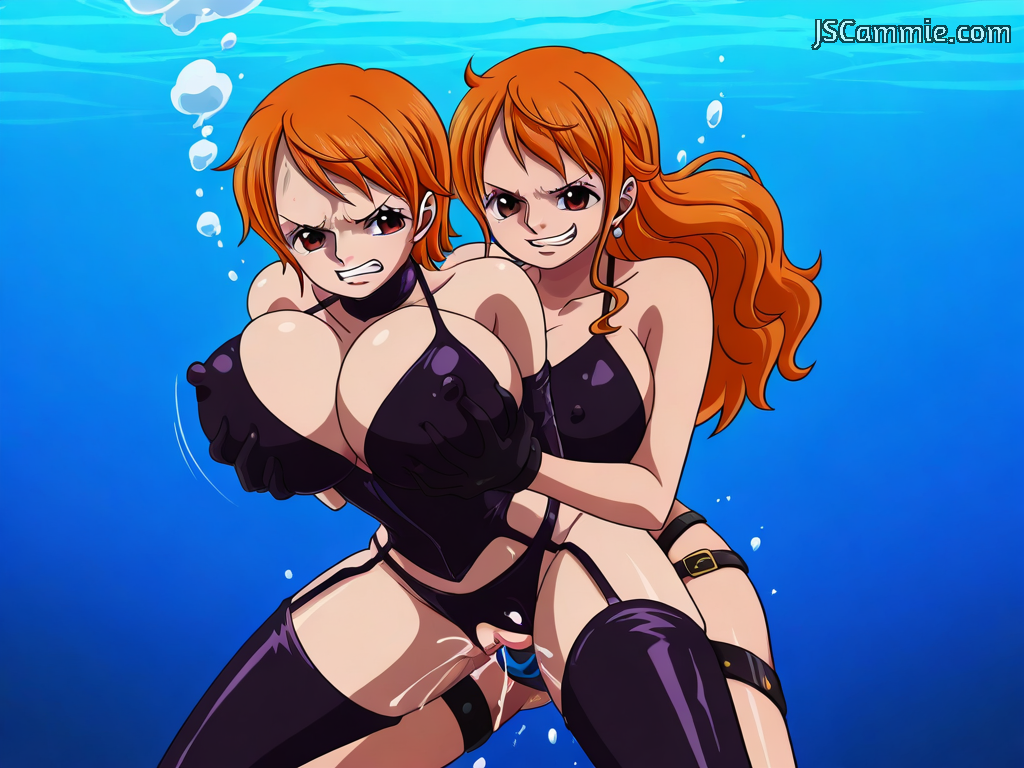 2girls ai_generated anime dominant_female dominatrix_outfit exostriker female jscammie lesbian_domination nami_(one_piece) one_piece pirate rough_sex underwater
