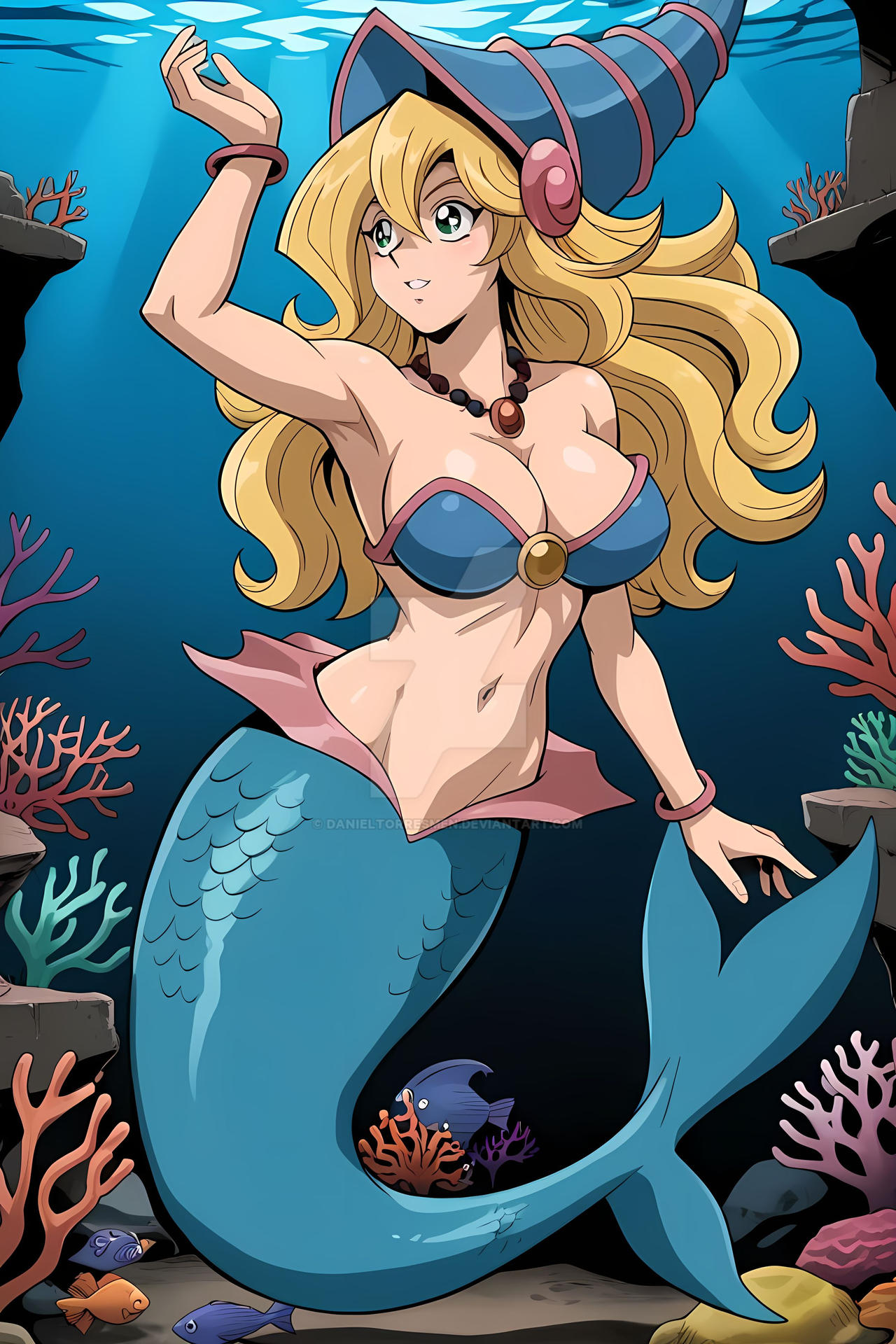 1girl ai_generated anime anime_girl cosplay danieltorresmen dark_magician_girl digital_art fanart female magic mermaid sea solo underwater yu-gi-oh!