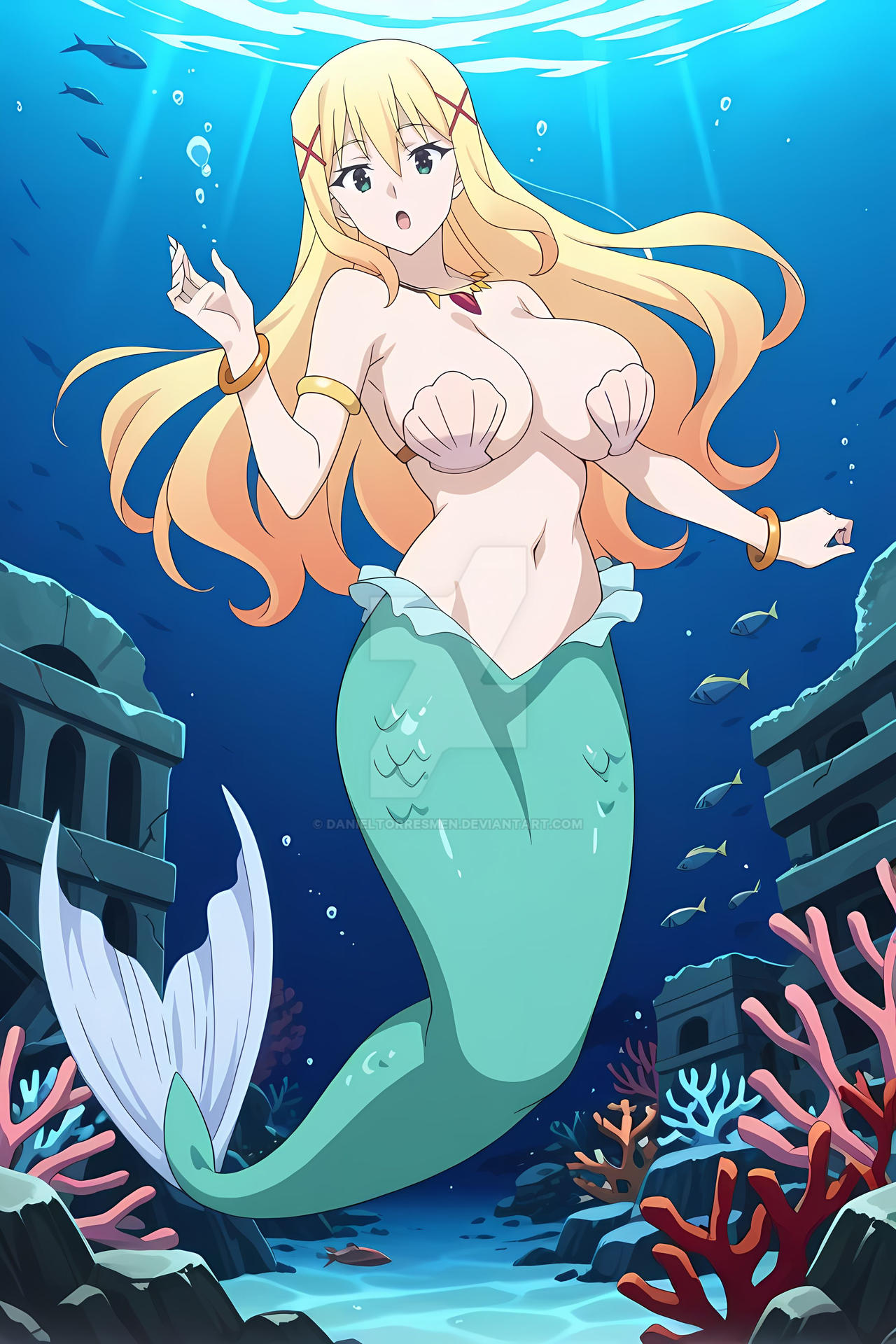 1girl ai_generated anime anime_girl cosplay danieltorresmen darkness_(konosuba) digital_art fanart female kono_subarashii_sekai_ni_shukufuku_wo! magic mermaid sea solo underwater