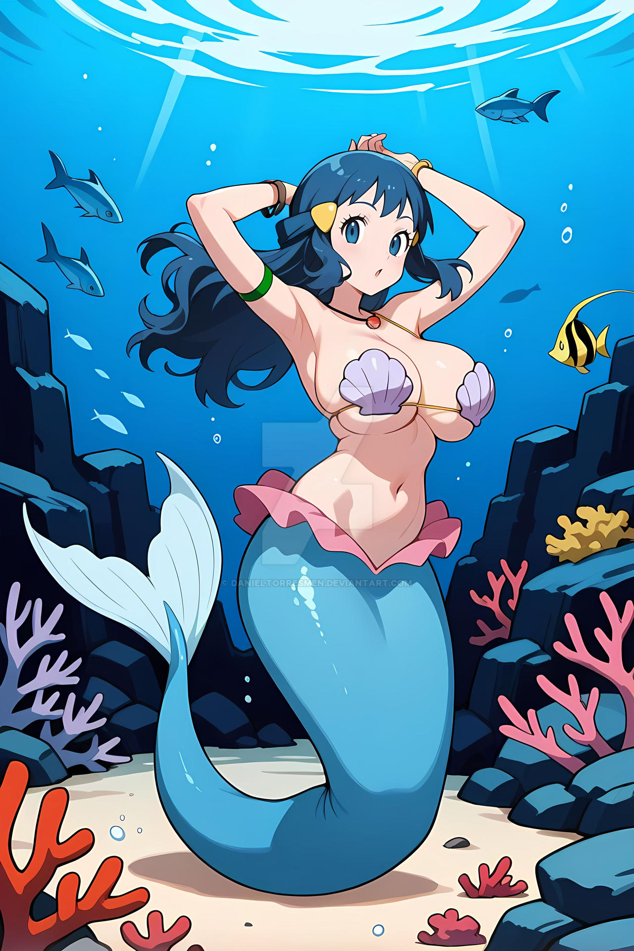 1girl ai_generated anime anime_girl cosplay danieltorresmen dawn_(pokemon) digital_art fanart female magic mermaid nintendo pokemon sea solo underwater
