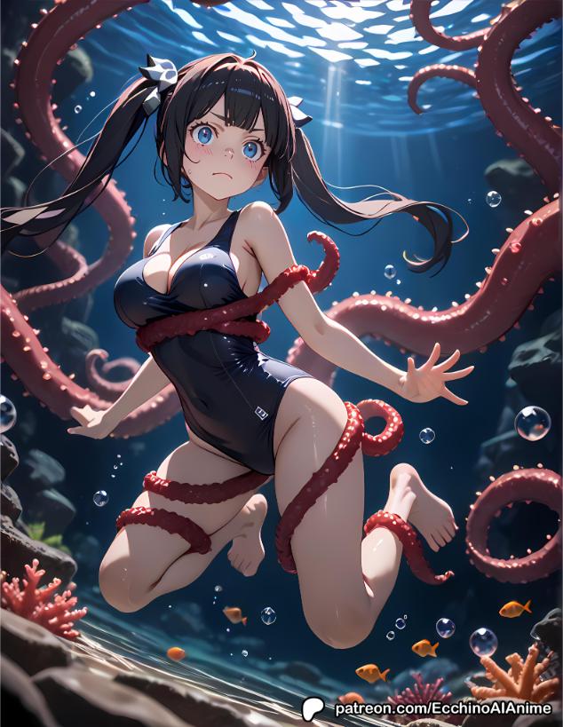 1girl ai_generated anime anime_girl digital_art dungeon_ni_deai_wo_motomeru_no_wa_machigatteiru_darou_ka ecchinoaianime fanart female hestia_(danmachi) solo swimsuit tentacle tentacle_bondage tentacle_monster underwater