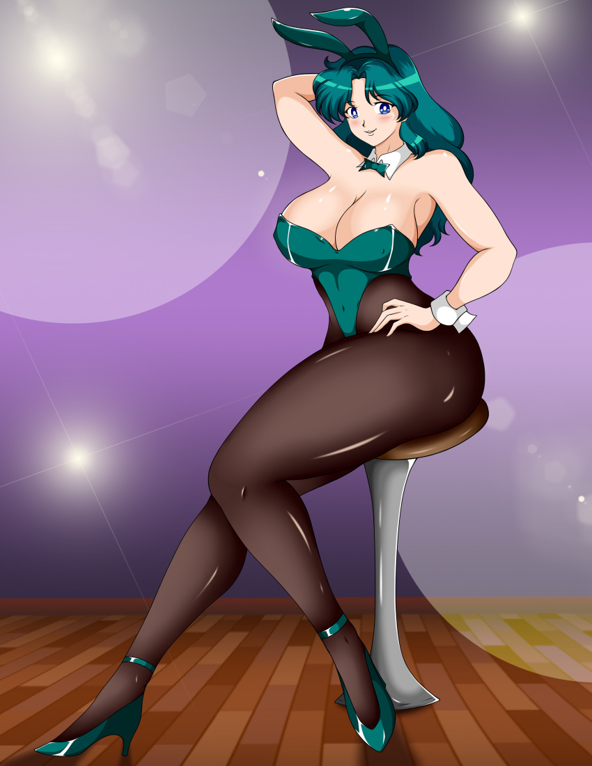 1girl adult_swim alluring anime bishoujo_senshi_sailor_moon bishoujo_senshi_sailor_moon_s bishoujo_senshi_sailor_moon_s_the_movie bishoujo_senshi_sailor_moon_supers bishoujo_senshi_sailor_moon_supers_the_movie blue_hair bunny_ears bunny_girl bunnysuit kinguart michiru_kaiou sitting teal_hair toei_animation toonami viz_media