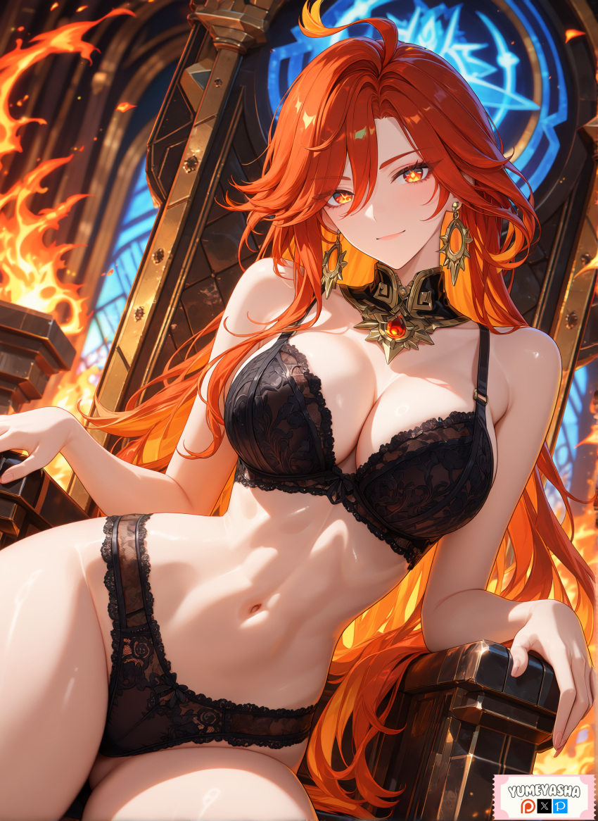 1girl ai_art ai_generated anime anime_girl big_breasts character_design digital_art fanart female genshin_impact hoyoverse mavuika_(genshin_impact) red_hair sexy_girl solo yumeyasha