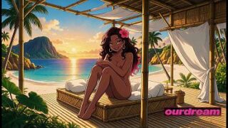 Hibiscus in Her Pink-Tipped Curls as the Sun Sets on an Ebony Anime Stunner (ai-generated)